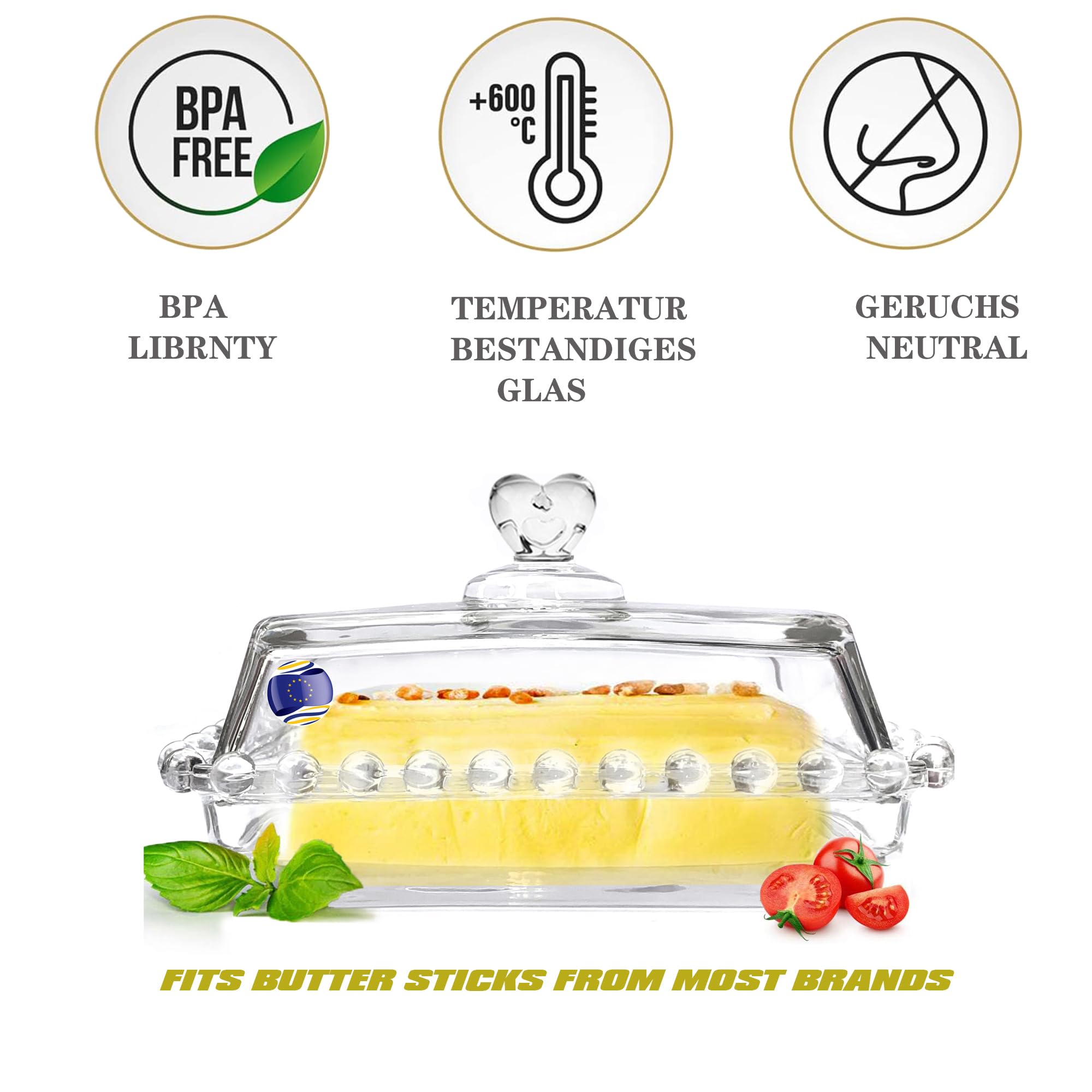 Burriera in Vetro, Contenitore per Burro da Cucina, Igienica Con Fresh-Contenitore per Torte, 100% Senza BPA - Per 250 g di Burro Fresco