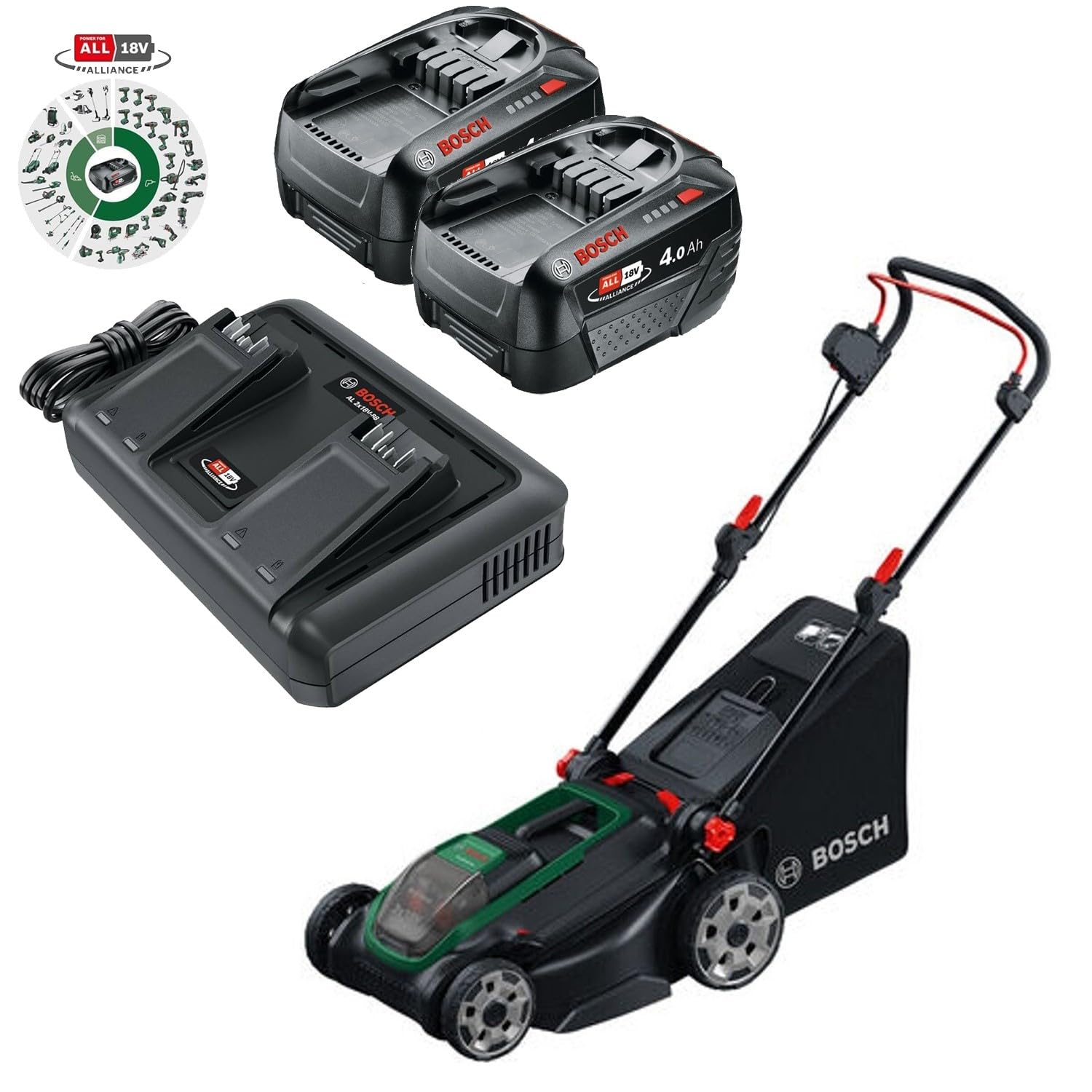 Bosch Cortacésped inalámbrico ROTAK18V2-43 (Ancho de Corte: 43 cm, Altura de Corte: 30-75 mm, Bolsa de césped de Tela de 40 l, Enchufe de mantillo, Incluye 2 baterías de 18 V y Cargador)