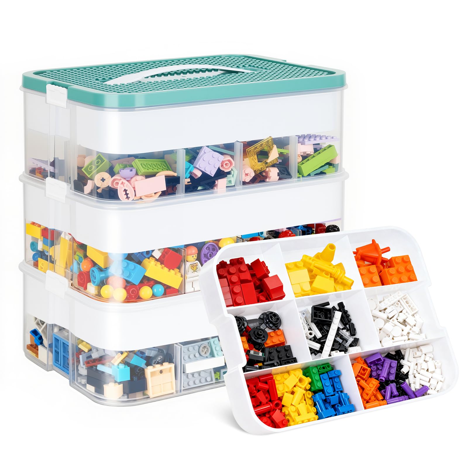Scatole portaoggetti con coperchi per Lego, scatole portaoggetti a 3 strati per Lego, impilabili, in plastica, con scomparto trasparente per mattoncini, artigianato, verde