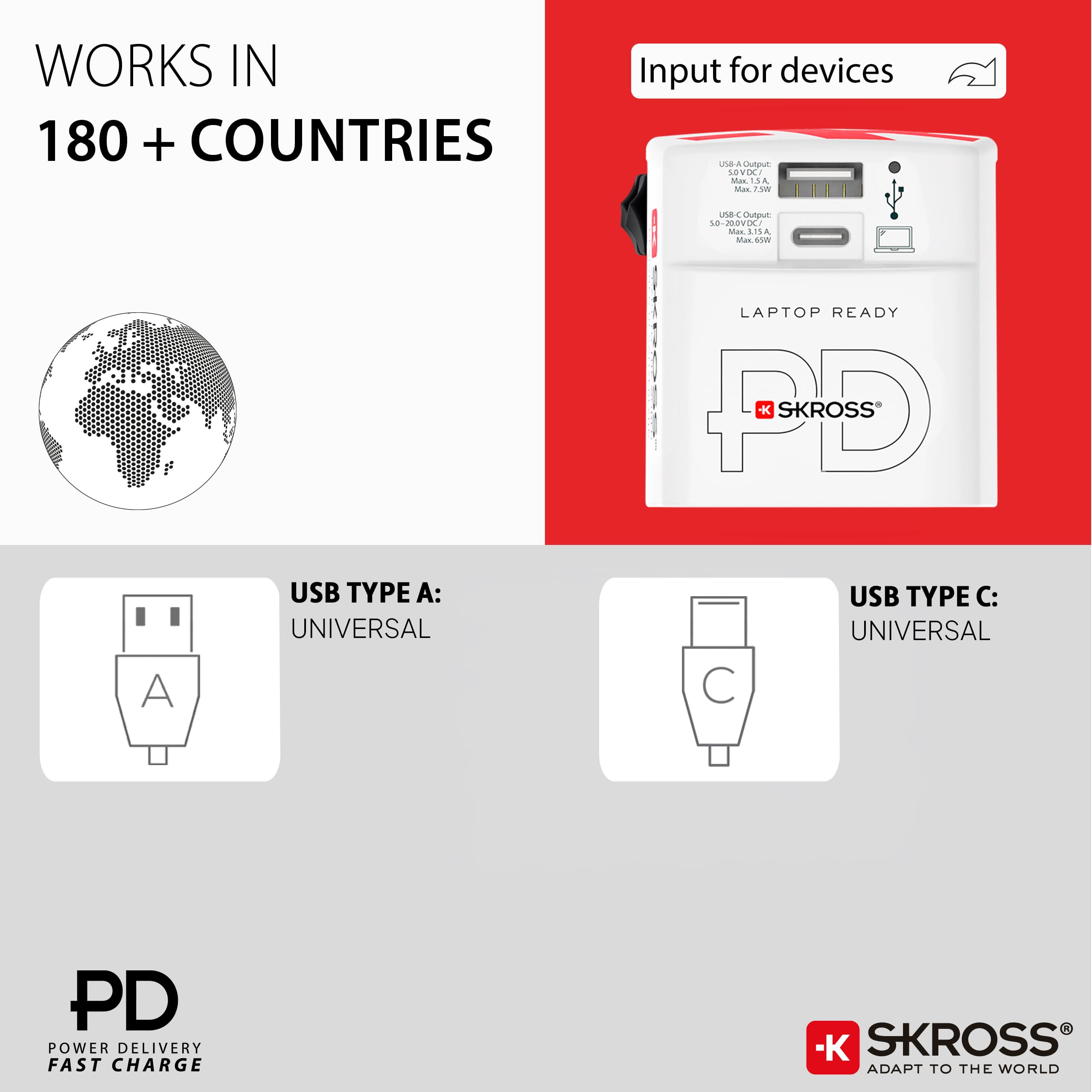 SKROSS - World USB Charger AC65PD - Caricabatterie Internazionale da Viaggio da Muro con 2 USB - 65W Fast Charging e Power Delivery - Cavo USB-C da cm Incluso