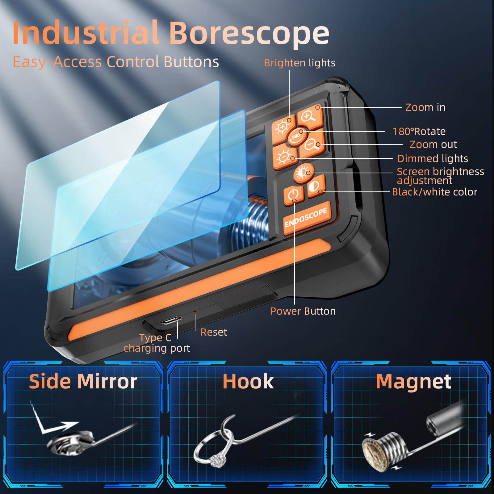 Dcotivyz Caméra Endoscopique, 1080P HD Ecran IPS 4.3 Pouces Endoscope avec Smart-Chip, Zoom 2X, IP67 Camera Inspection Canalisation à Étanche IPS de 4.3 Pouces, Câble Semi-Rigide de 2M - 4