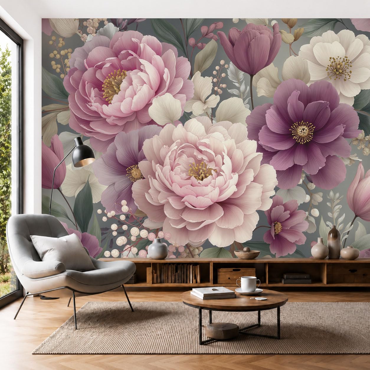 Peonia Fiori Tulipano Carta Da Parati Panoramica 300L×210A Cm, Floreale Retrò Realistico Parati Seta, Rosa-Violaceo Grandi Murali Per Soggiorno Camera Da Letto Studio