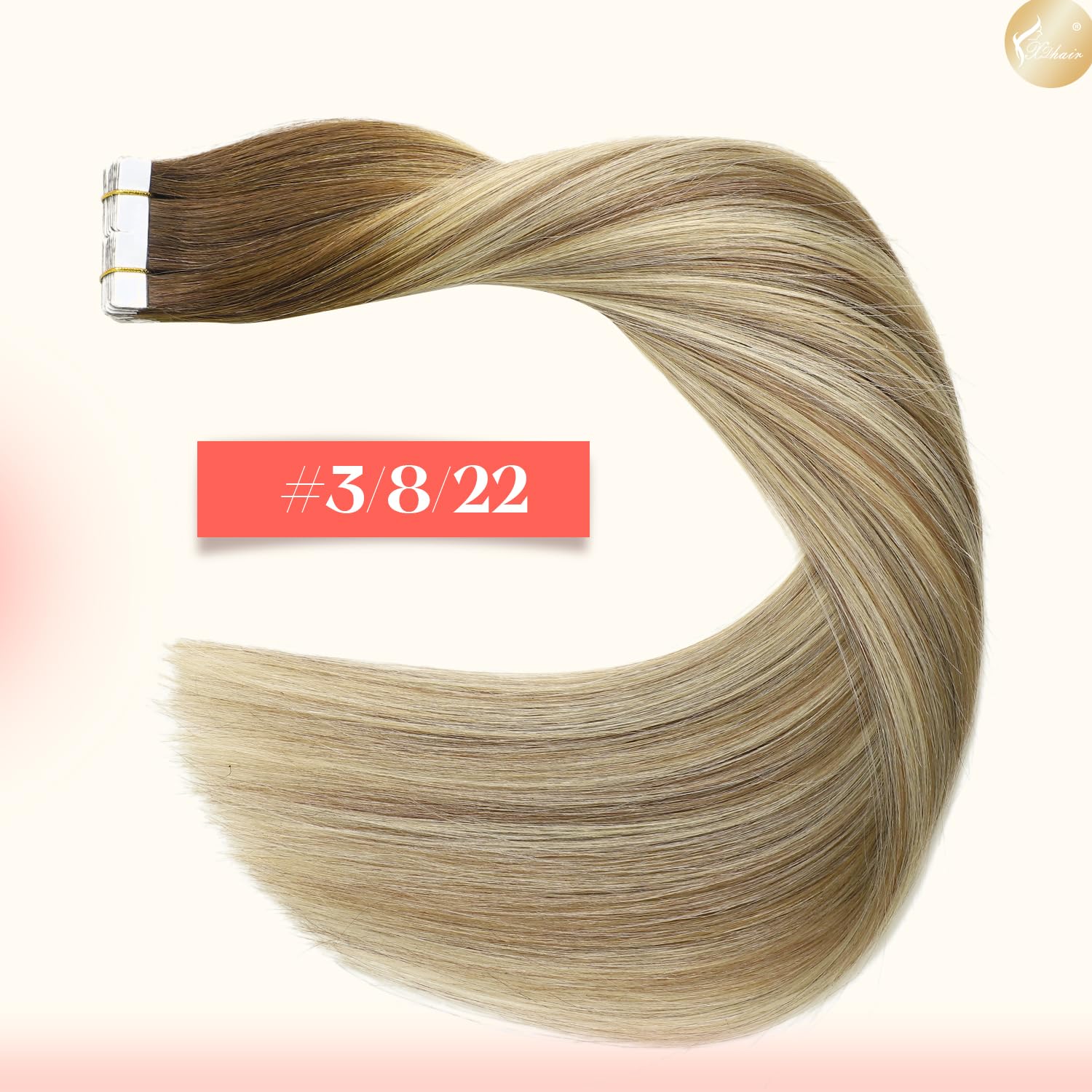 XDhair Tape Extensions Echthaar Walnuss Braun bis Ash Braun and Goldblond | 50cm 20pcs 50g,Extensions Echthaar,Invisible Remy Tape in Echthaar Extension in der Farbe #3/8/22