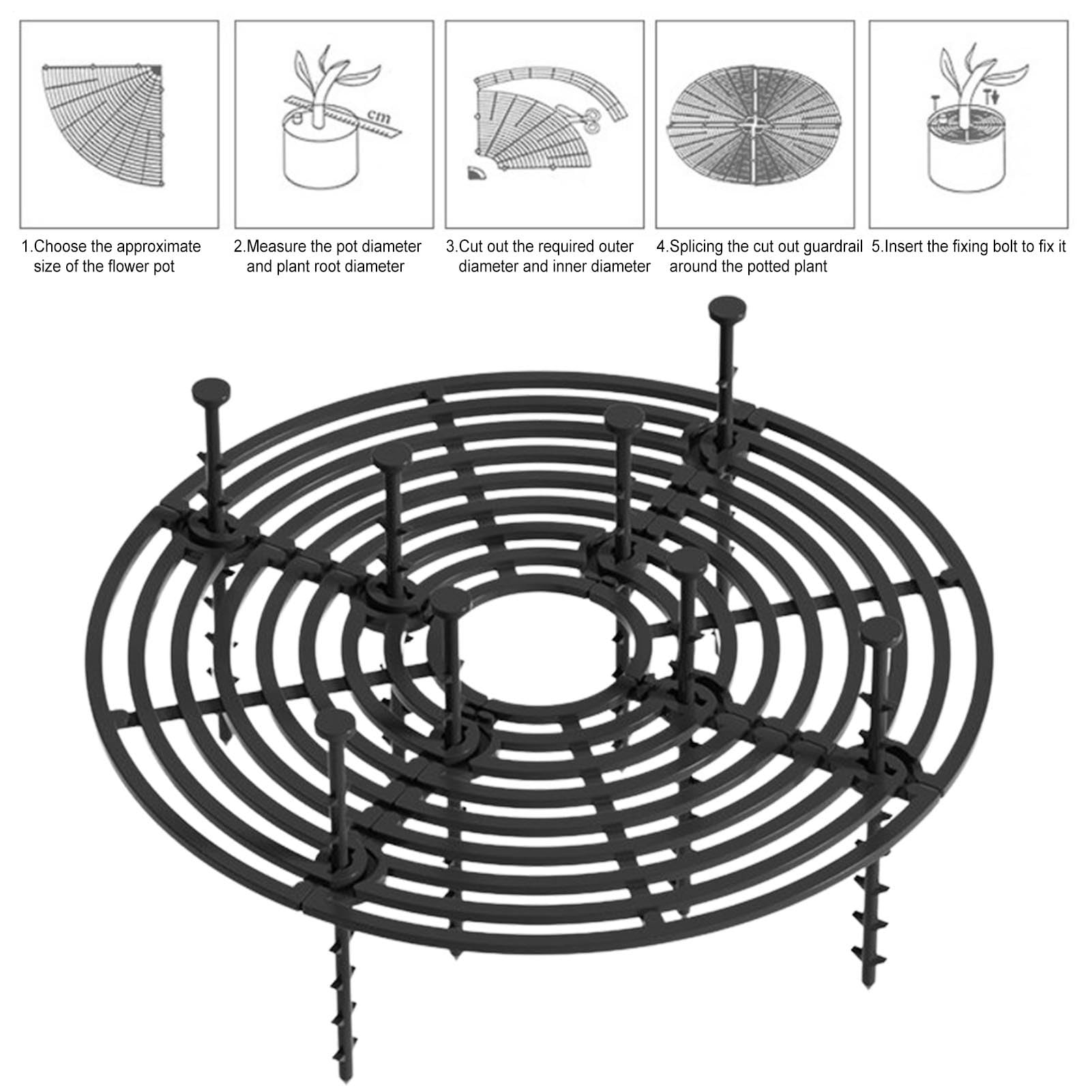 Lot de 2 grilles de protection pour pots de fleurs, chat, 19/30/52 cm, peut être coupée, diamètre : 10 cm, résistant aux chats, longueur des clous : 10 cm, noir