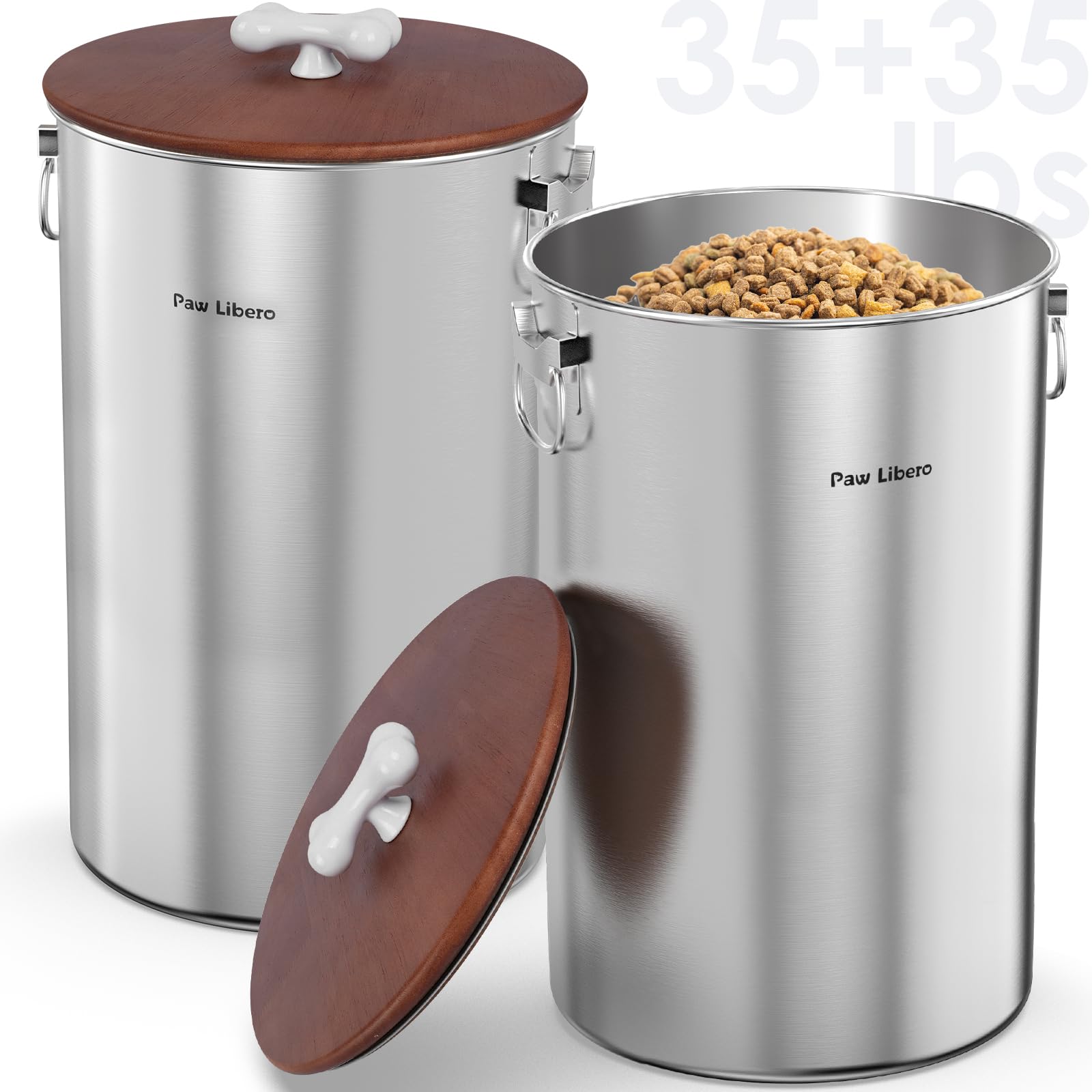 2er-Set aus 35 lb schweren Edelstahl-Futterbehältern mit Holzdeckel | Metallbehälter zur Aufbewahrung von Hunde- und Katzenfutter, luftdichter Behälter, der das Futter frisch hält