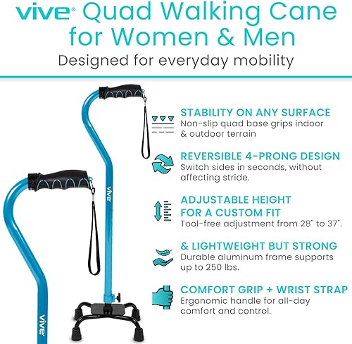 Miniatura 2 de Bastón ajustable con cuatro puntas, ligero, unisex y ambidiestro, Azul, 1