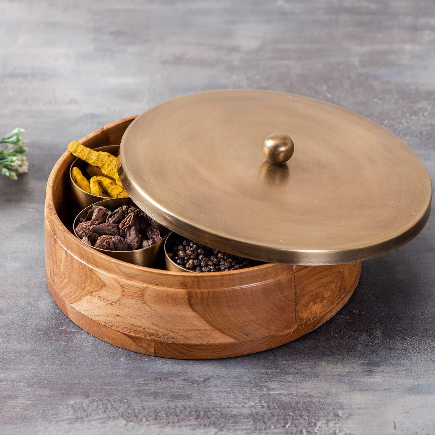 nestroots Wooden Masala Box for Kitchen | 7 Jars Stainless Steel Spice Box Organizer | Anjarai Petti for Home with 9 Inch Diameter & Gold Finish
