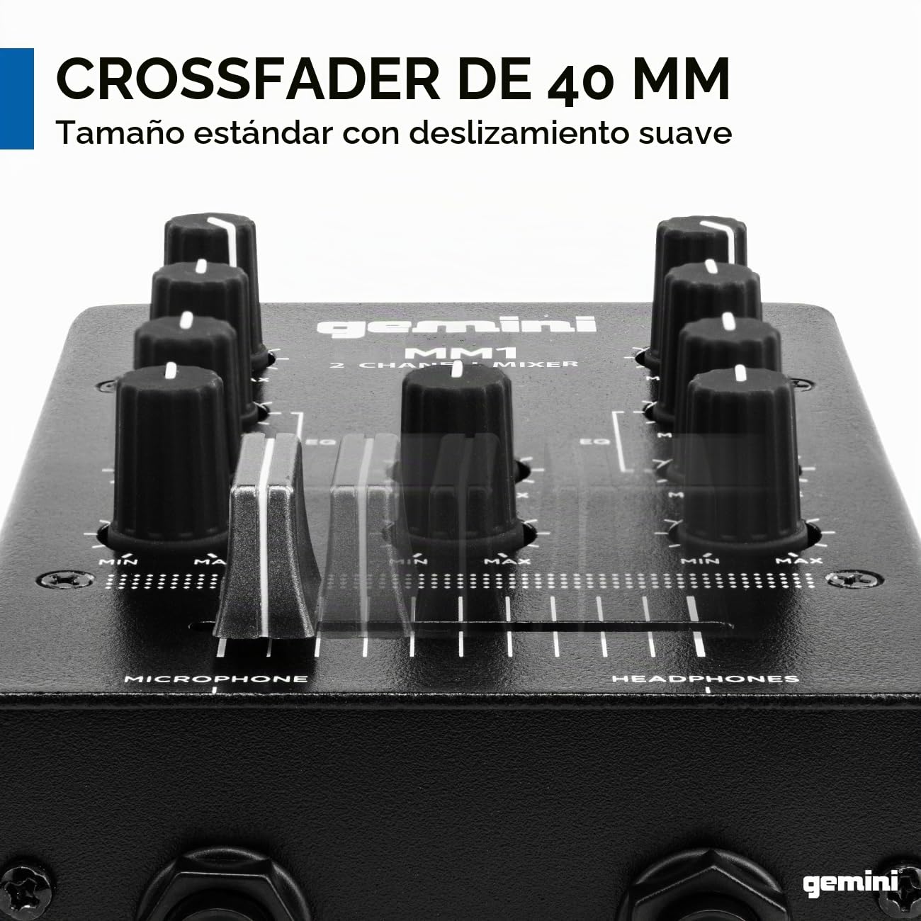 Gemini Sound MM1 Audio profesional de 2 canales Entrada de micrófono DUAL de 2 canales Estéreo de 2 banda Rotary COMPACT DJ Mezclador de podcast con Fader Cross-Fader y Control de ganancia individual