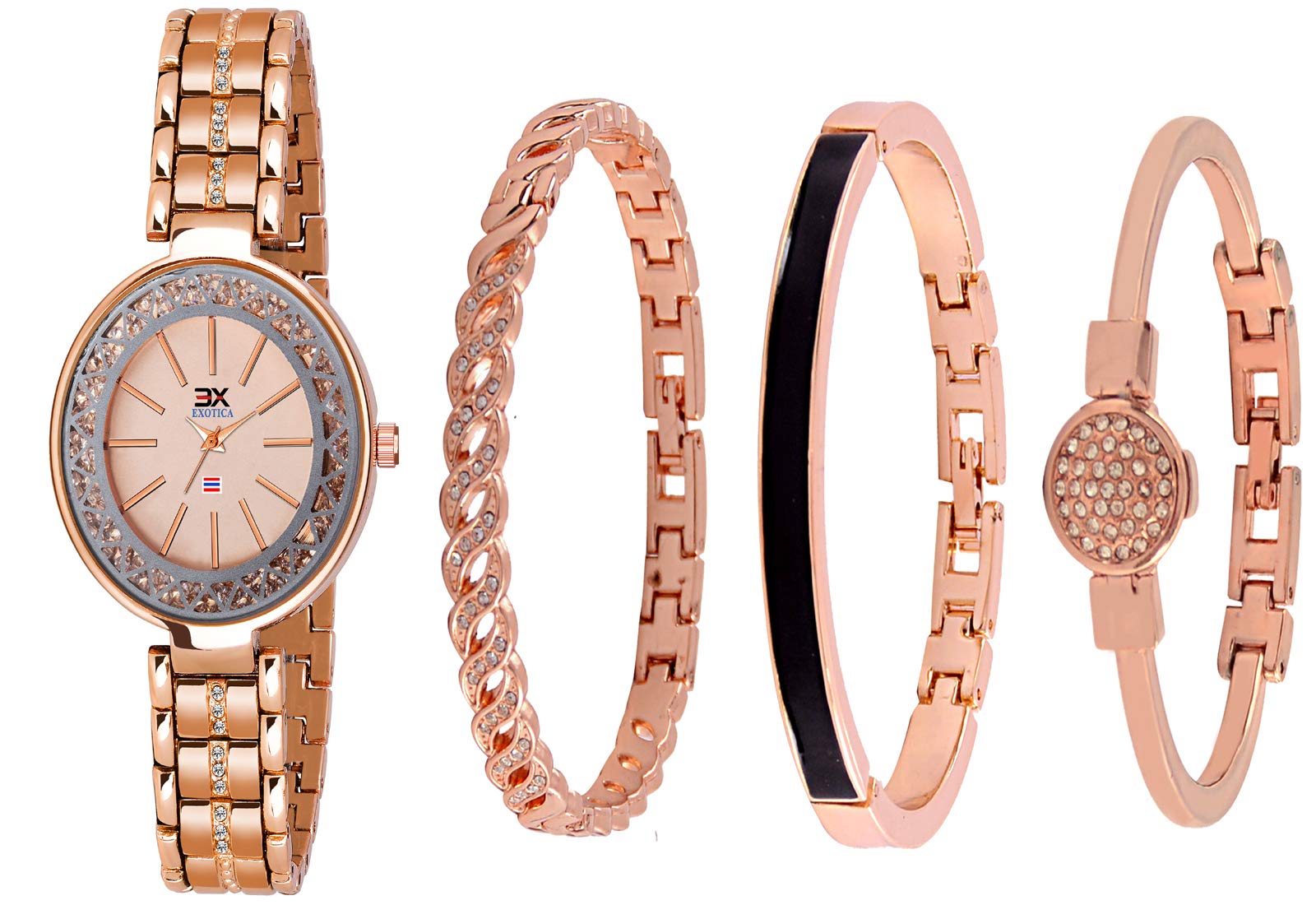 Exotica Fashions Womens Swarovski Crystal Accented Texture Bangle Watch and Bracelet Set (Pack of 4) (B08DL3D595) Amazon Price History, Amazon Price Tracker