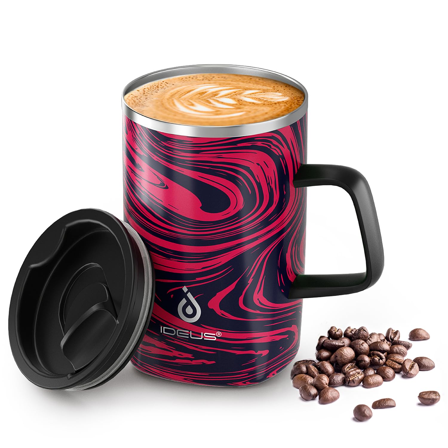 Ideus Vacuum Insulated Coffee Mug 16oz Reusable Stainless Steel Thermal Double Walled cup with Handle and Slider Lid