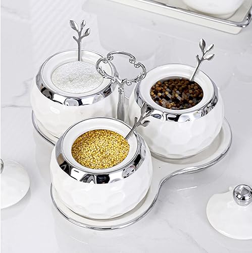 Miniatura 3 de Recipiente de porcelana de golf para condimentos de sal con tapa y cuchara, juego de 3, moderno tarro de condimentos, color blanco y plateado