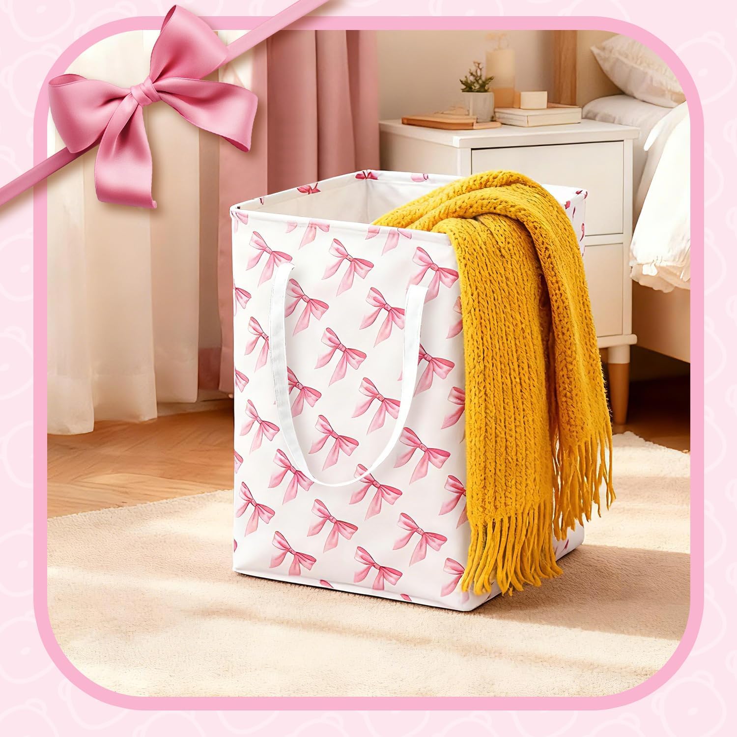 Pink Laundry Basket with Bow, Coquette Pink Laundry Hamper - Tall Cotton Rope Nursery Storage Bin, Large Organizer for Blankets, Toys & Clothes for Bedroom & Bathroom (Square*2, 75L)