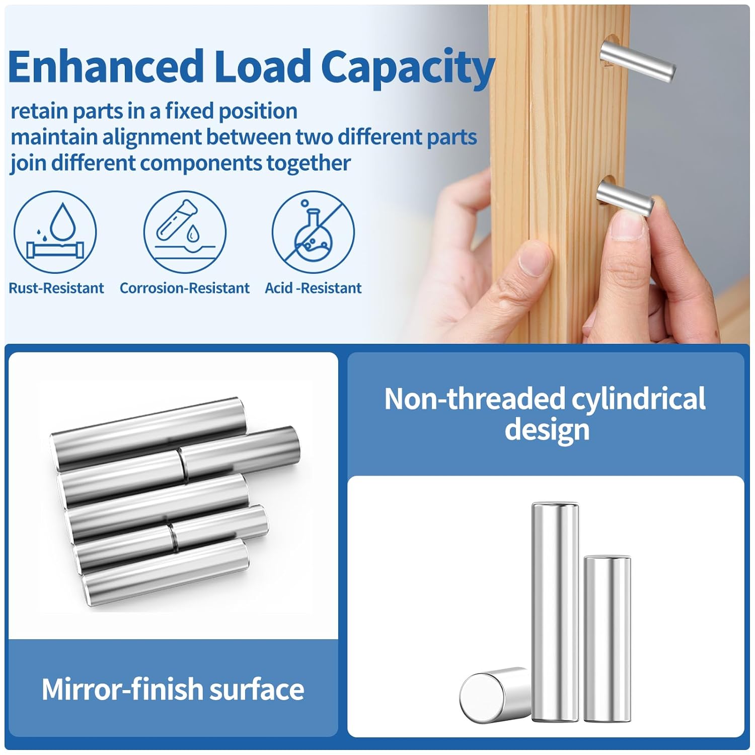 280Pcs 304 Stainless Steel Dowel Pin, M1.5 M2 M2.5 M3 M4 M5 M6 Shelf Support Pegs Pin Rod Fasten Elements for Machinery Manufacturing, Industry, Furniture Installation (28 Sizes)