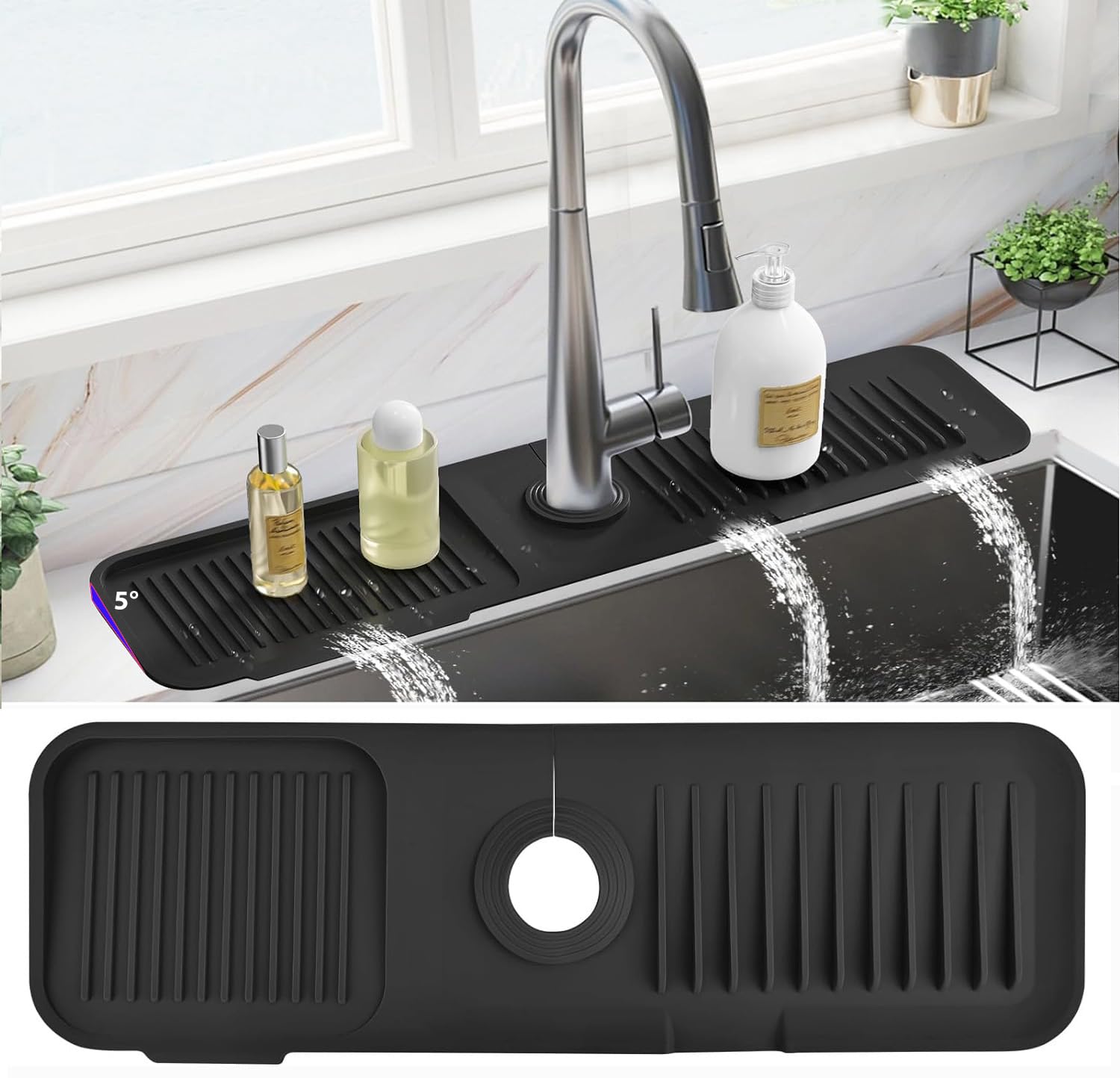 Kitchen Splash Guard for Sink,Silicone Sink Faucet Mat Splash Guard,Faucet Absorbent Sink Protectors Mat(Black 17.5" x 5.5")