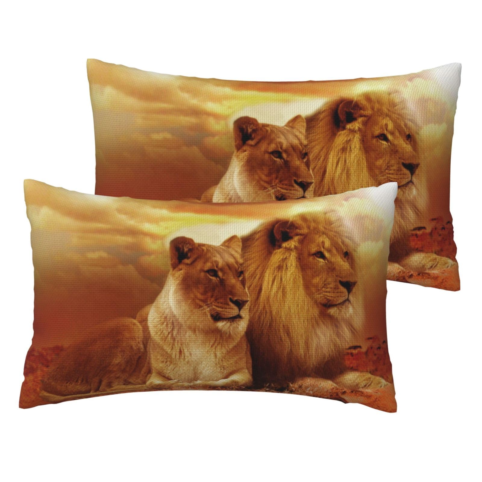 Housses de coussin imitation lin lion et lionne (lot de 2) pour déco de salon