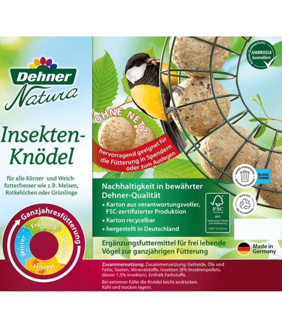 Dehner Natura Premium Meisenknödel ohne Netz, Insektenknödel, ganzjähriges Wildvogelfutter proteinreich / energiereich, im Eimer, 100 Stück je 90 g (9 kg)