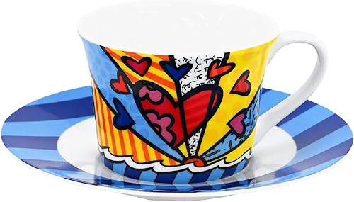 Britto Romero Bone - Taza de café y té de porcelana con platillo, 6.7 onzas, día nuevo, diseño de arte de corazón