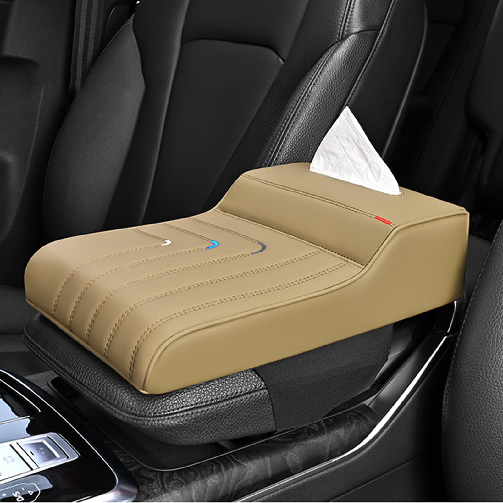 SUNQIQI Car Center Console Cover for Renault Kangoo 1997-2025 X61/X62,Leather Auto Armrest Cover,Memory Foam Arm Rest Cushion,Car Seat Box Cover Pad Car Interior Accessories,E-Beige