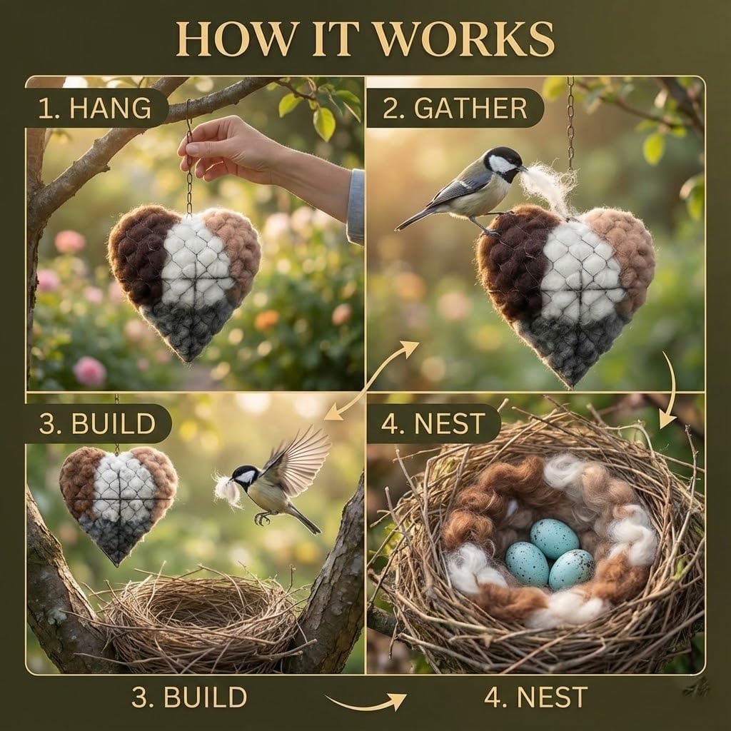 Handmade Alpaca Fiber Bird Nesting Heart, Nesting Material for Wild Bird, Refillable Nesting Material Holder with DIY Flower Bird Feeder, Outdoor Garden Gift for Bird Lovers (3)