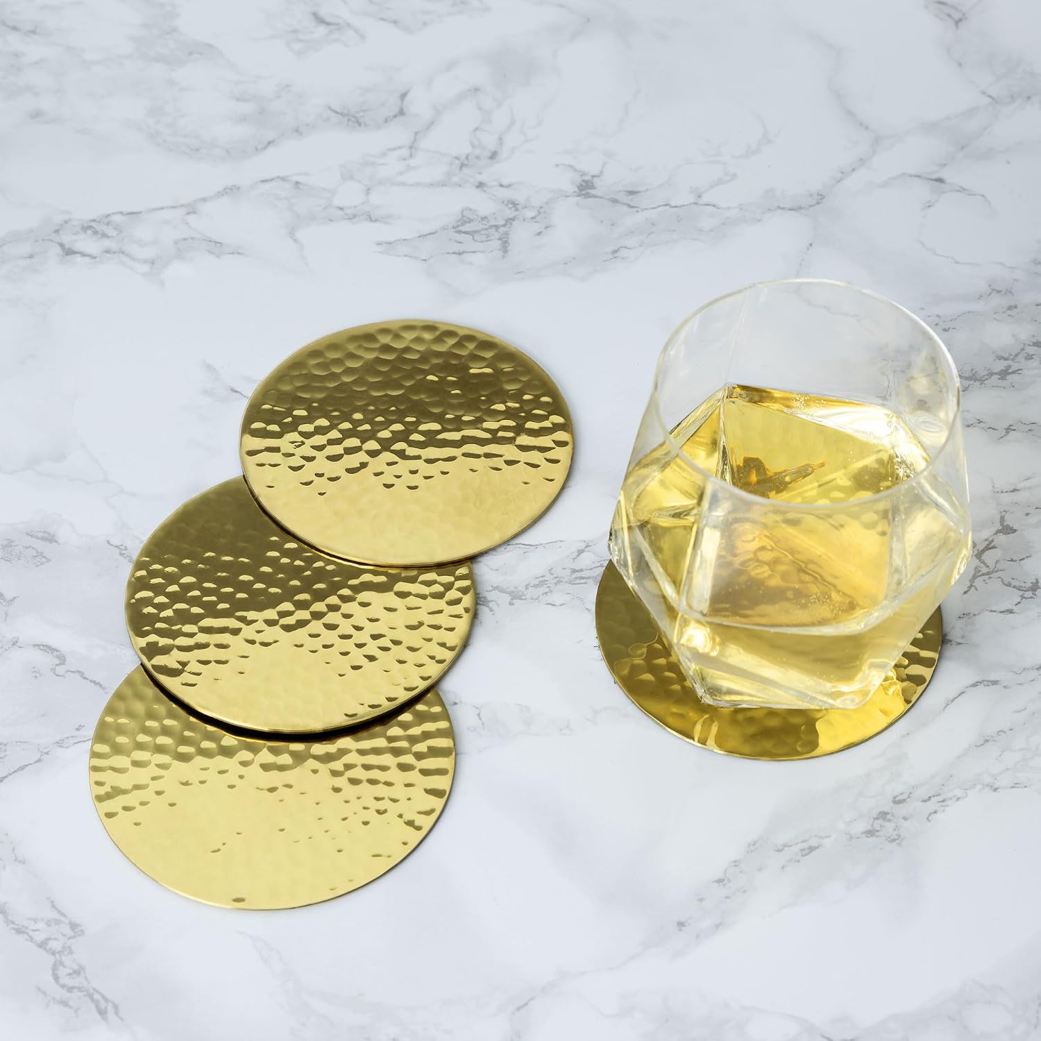 Viski Hammered Brass Coasters, Round Coasters, Brass with Velvet Backing, Protect Tables and Surfaces, Gold, Set of 4