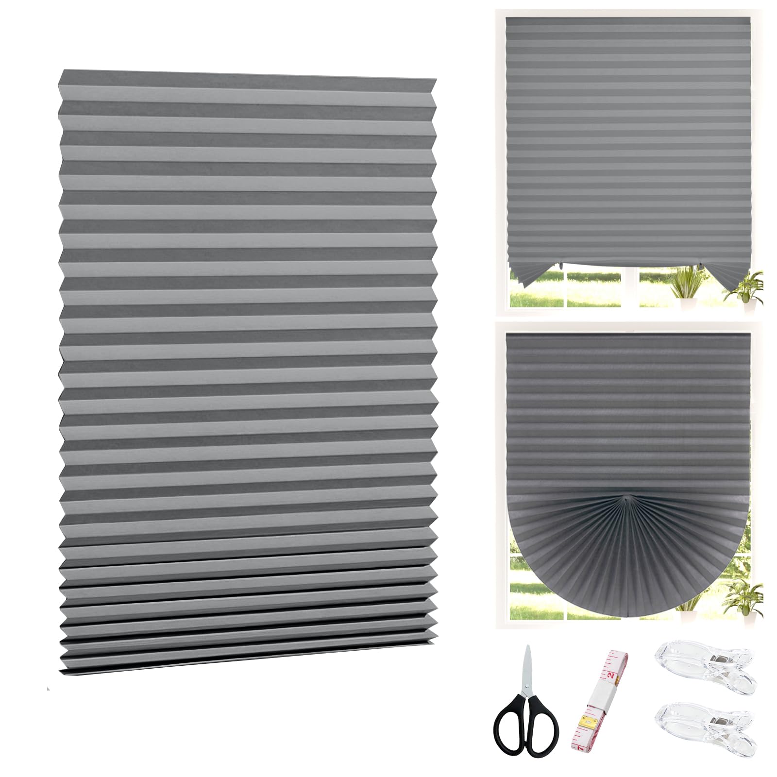KASURE 2 Pack No Drill Blackout Blinds for Windows, 180 x 90cm Temporary Pleated Blinds with Silver Coating for Shading, for Bedrooms, Kitchens, and Bathrooms (1 Pack Grey) — image 1