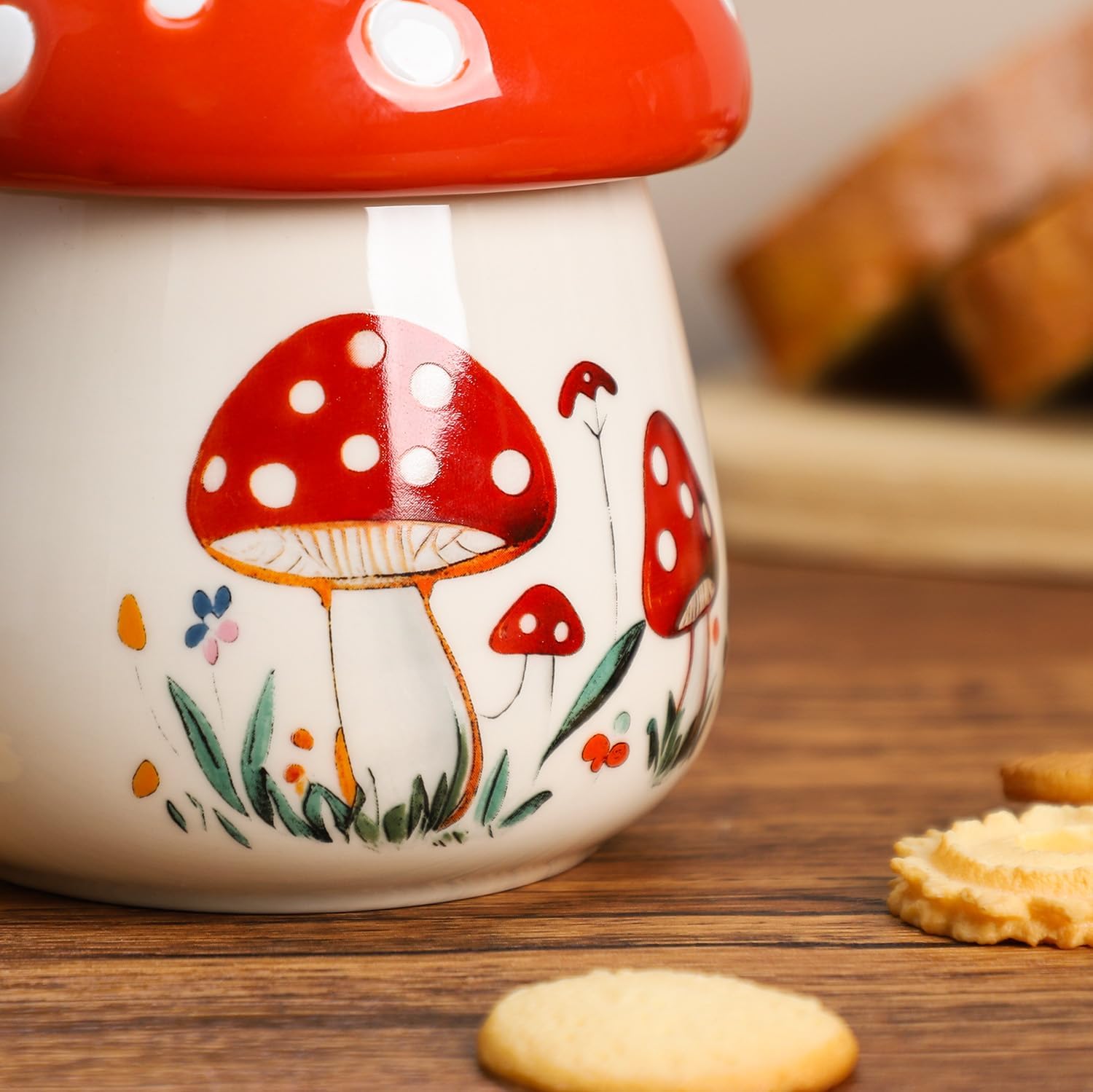 SOCOSY Ceramic Mushroom Pattern Sugar Bowl with Lid, Sugar Container, Sugar Jar Candy Jar Seasoning Jar