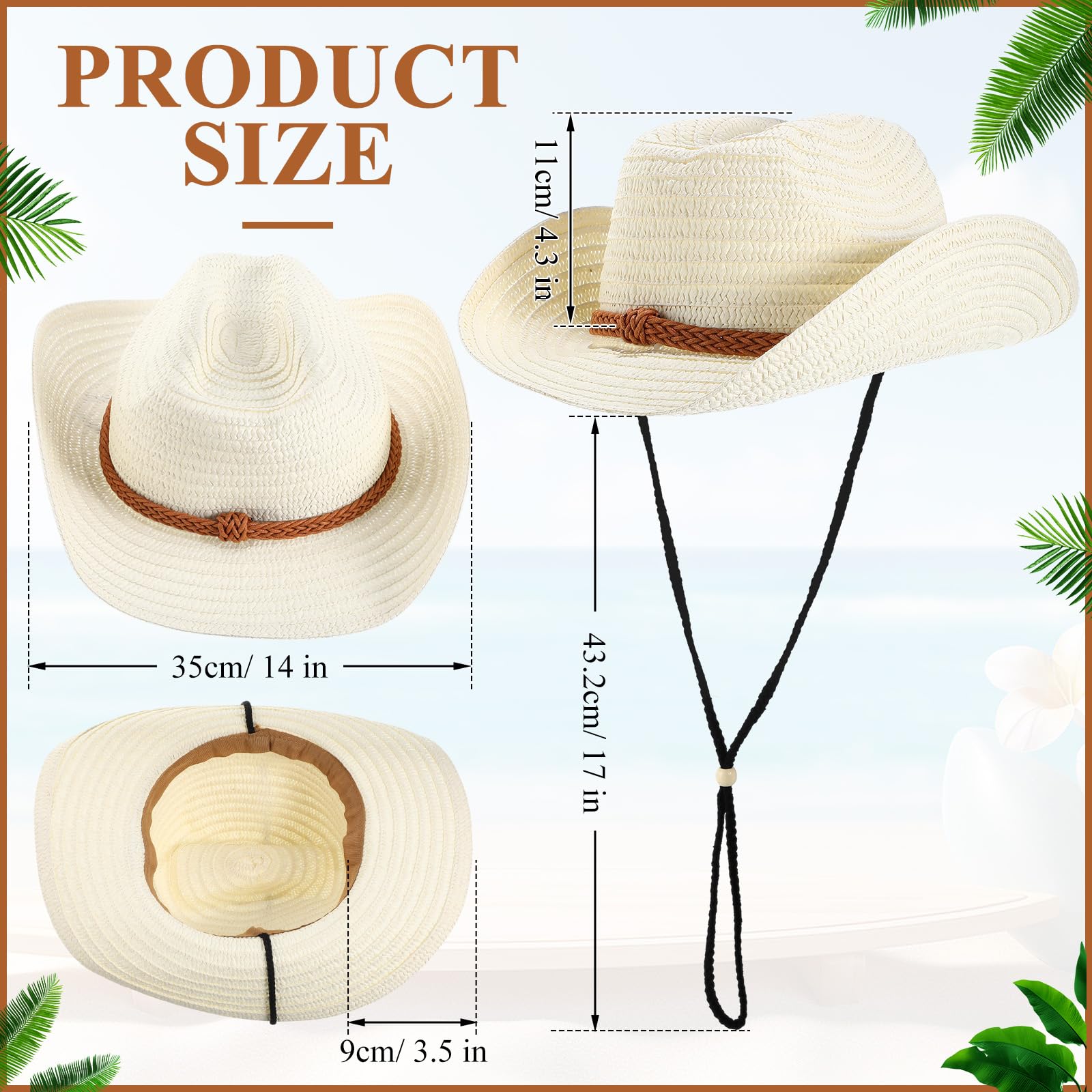 JaGely 12 Pcs Straw Cowboy Hats for Women Men, Wide Brim Summer Hat Bulk Sun Protection for Western Themed Party(White)