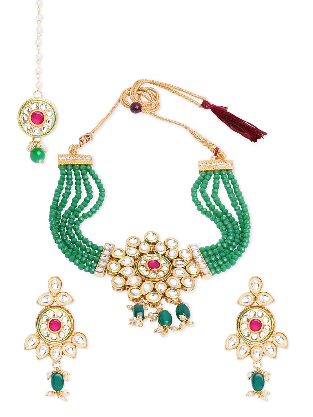 ZAVERI PEARLS Green Multistrand Crystal Beaded Kundan Pink Choker Necklace Earring & Maangtikka Set For Women-ZPFK18467 (B0DBQC3QQ4) Amazon Price History, Amazon Price Tracker