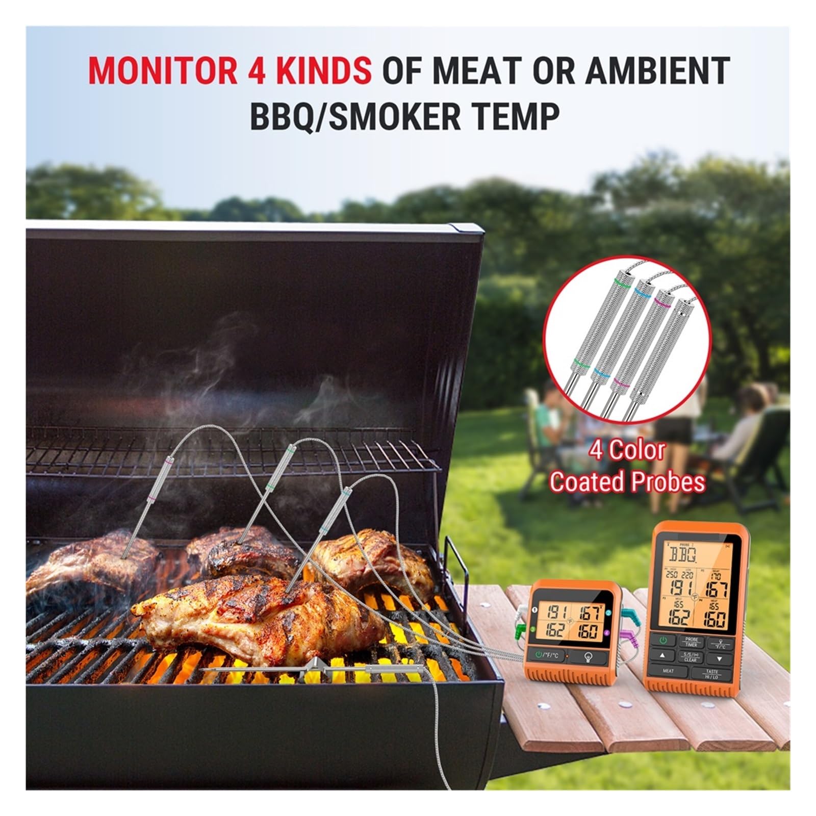 300M Wireless 4 Sonde Retroilluminazione Con Timer Barbecue Grill Forno Cucina Cottura Termometro Carne Preciso Veloce Monitoraggio In Tempo Reale