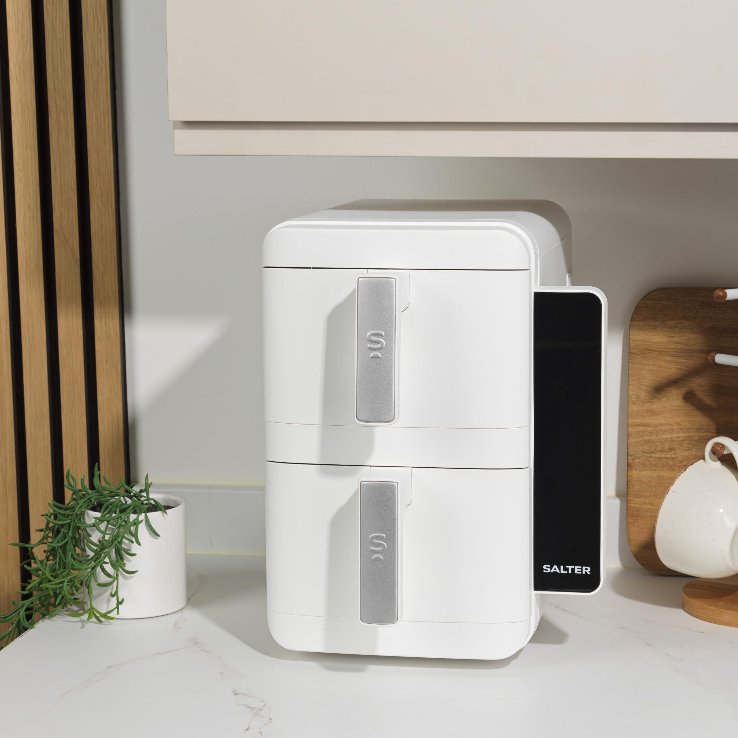 Salter VertiCook Ultra Stackable Air Fryer - Cocina vertical, 9L, 2 x 4.5L cestas y rejillas, 9 funciones, Sincronizar y combinar, Bandeja de parrilla libre de PFAS, Ahorro de espacio, 60-230°C, 2400W
