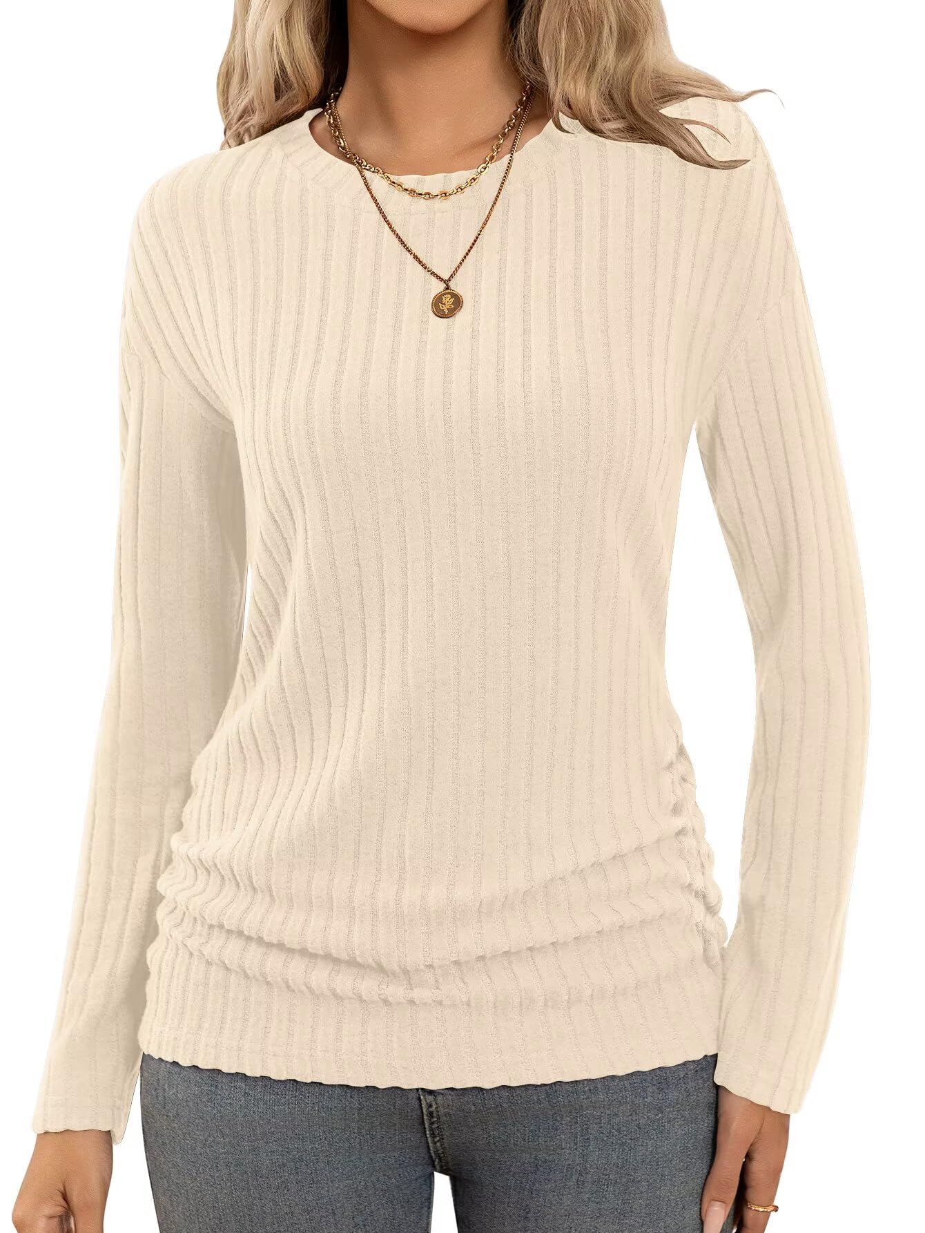 Long Sleeve Shirts for Women Fall Fashion Outfits CrewNeck Tops Sides Ruched Spring Pullover Sweaters Tunic Clothes-image-20