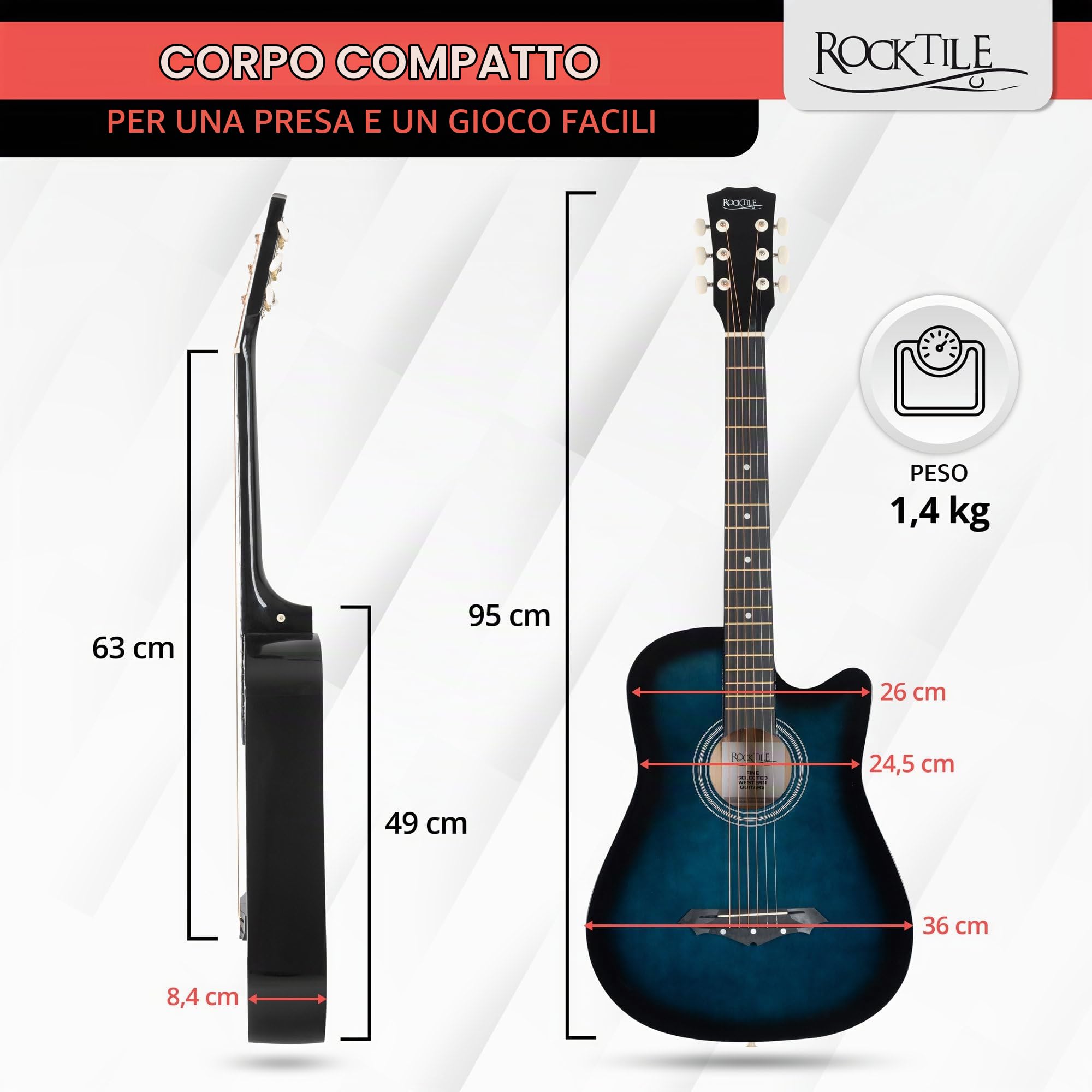 Rocktile WSD-5C-BUB Slim Line Set Chitarra Western Blueburst, Generale | Modello: WSD-5C-BUB, Peso: 1, 4 kg, Lunghezza totale: 95 cm, Numero di corde: 6, Orientamento: Destrimano, Corpo, Top: Tiglio