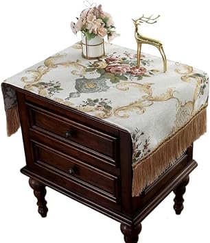 Jacquard Bedside Cover,Embroidery Chenille Tablecloth with Tassels,European Floral nightstand Cover for Home Bedroom Dresser Beige,45-90cm18-35inch