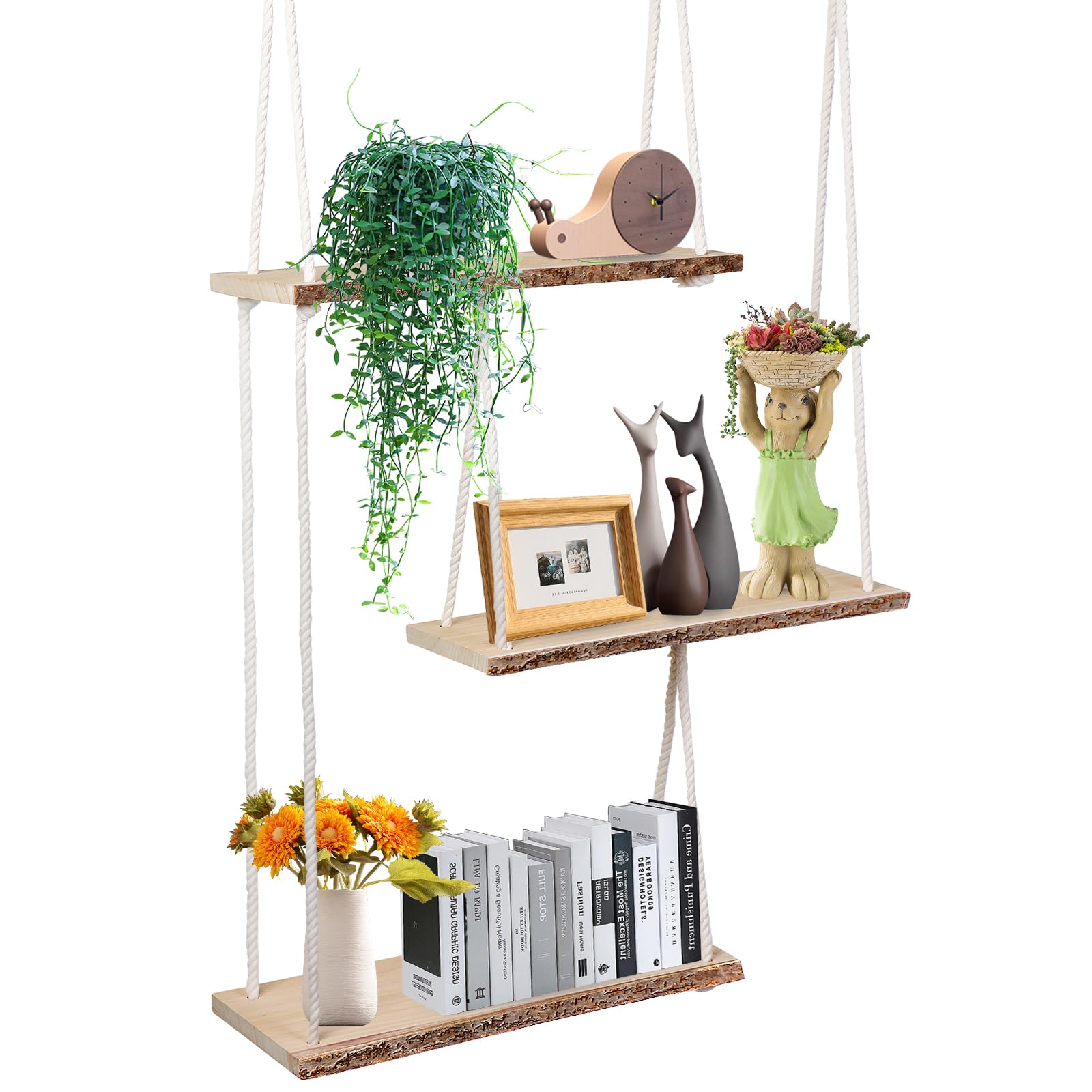 OriCre Floating Shelves Boho Wall Shelves 3 Tier Rustic Wood Hanging Shelves Adjustable Rope Shelf for Boho Aesthetic Room Decor Bedroom/Living Room/Bathroom/Kitchen/Corner/Plant,Book,Décor