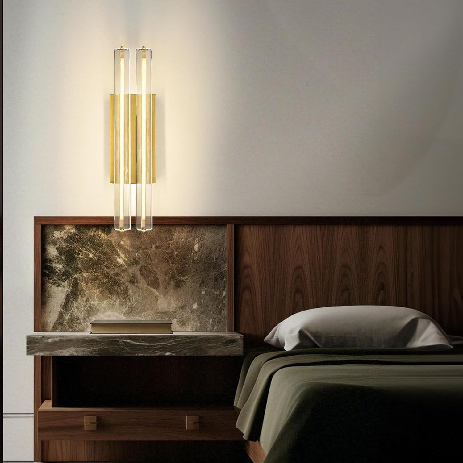 Crystal Wall Sconce, 19'' Brass Bathroom Wall Sconce, Modern Double Sconce Wall Lighting, K9 Crystal Gold Wall Light, Bedroom Vanity Sconce, Wall Lamp for Living Room, Stairway, Entryway, Hallway