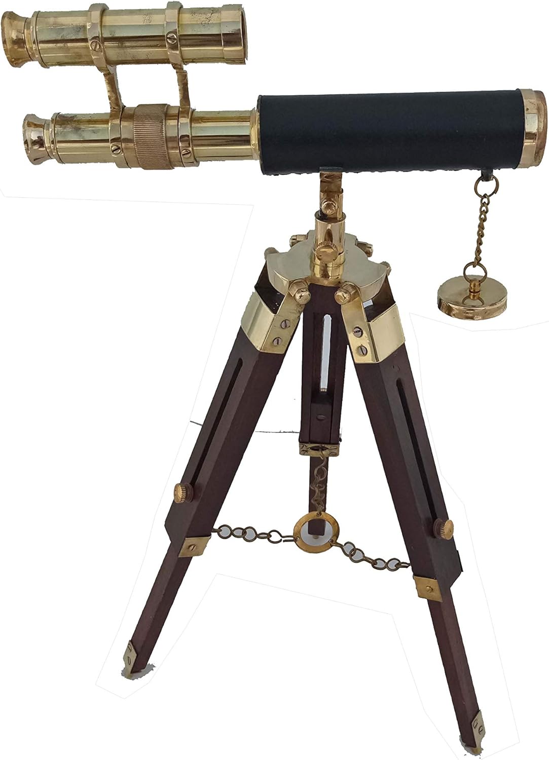 – 10" Brass Double Barrel Telescope Wrapped in Black Leather with Adjustable Wooden Tripod – Vintage Nautical Spyglass for Gift, Home Décor, Collectors.
