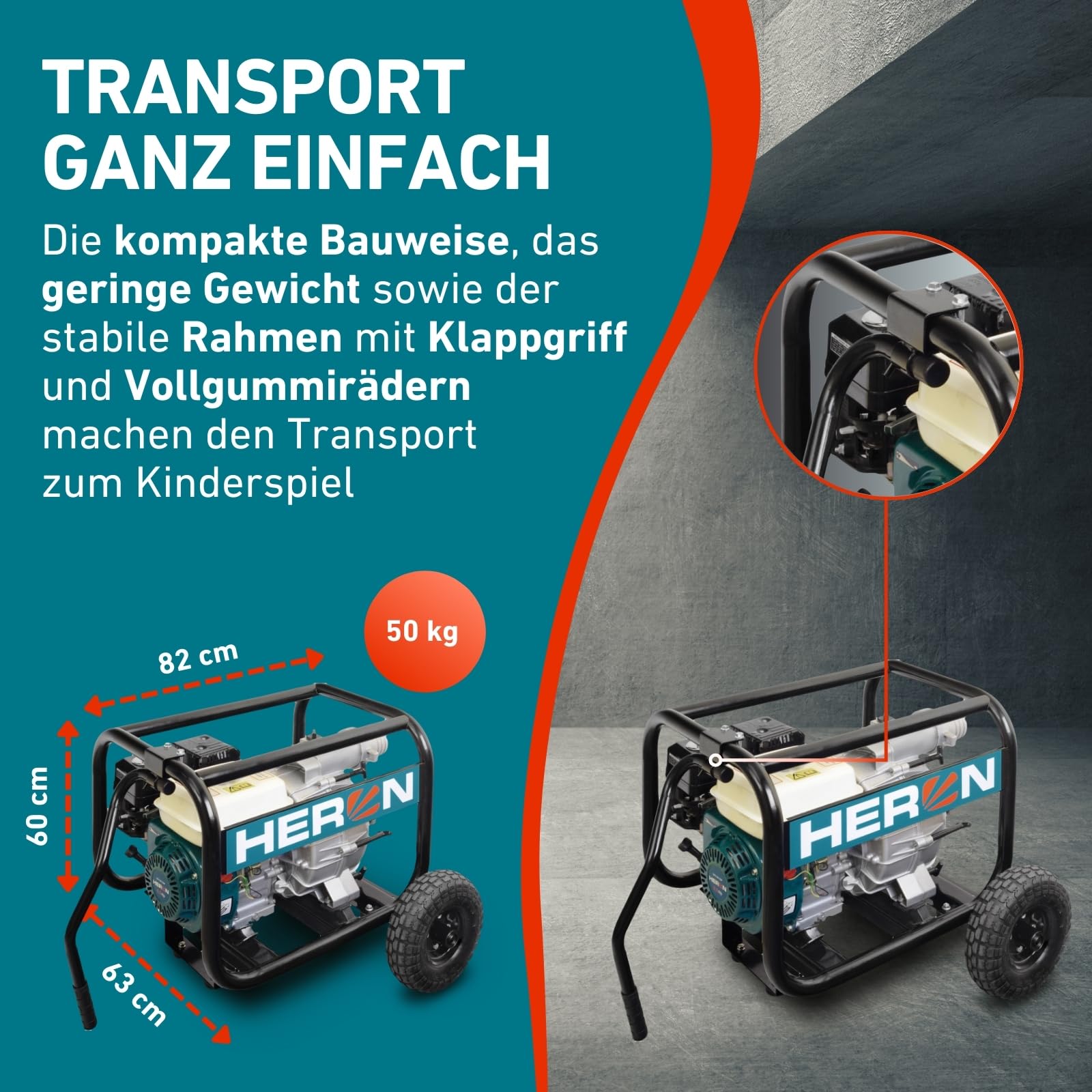 Heron Motorschlammpumpe 6,5 PS I Schmutzwasserpumpe mit 1300l/min Durchflusskapazität I Schlammpumpe zum Abpumpen von verunreinigtem Wasser aus Baugruben, überschwemmten Gebieten uvm