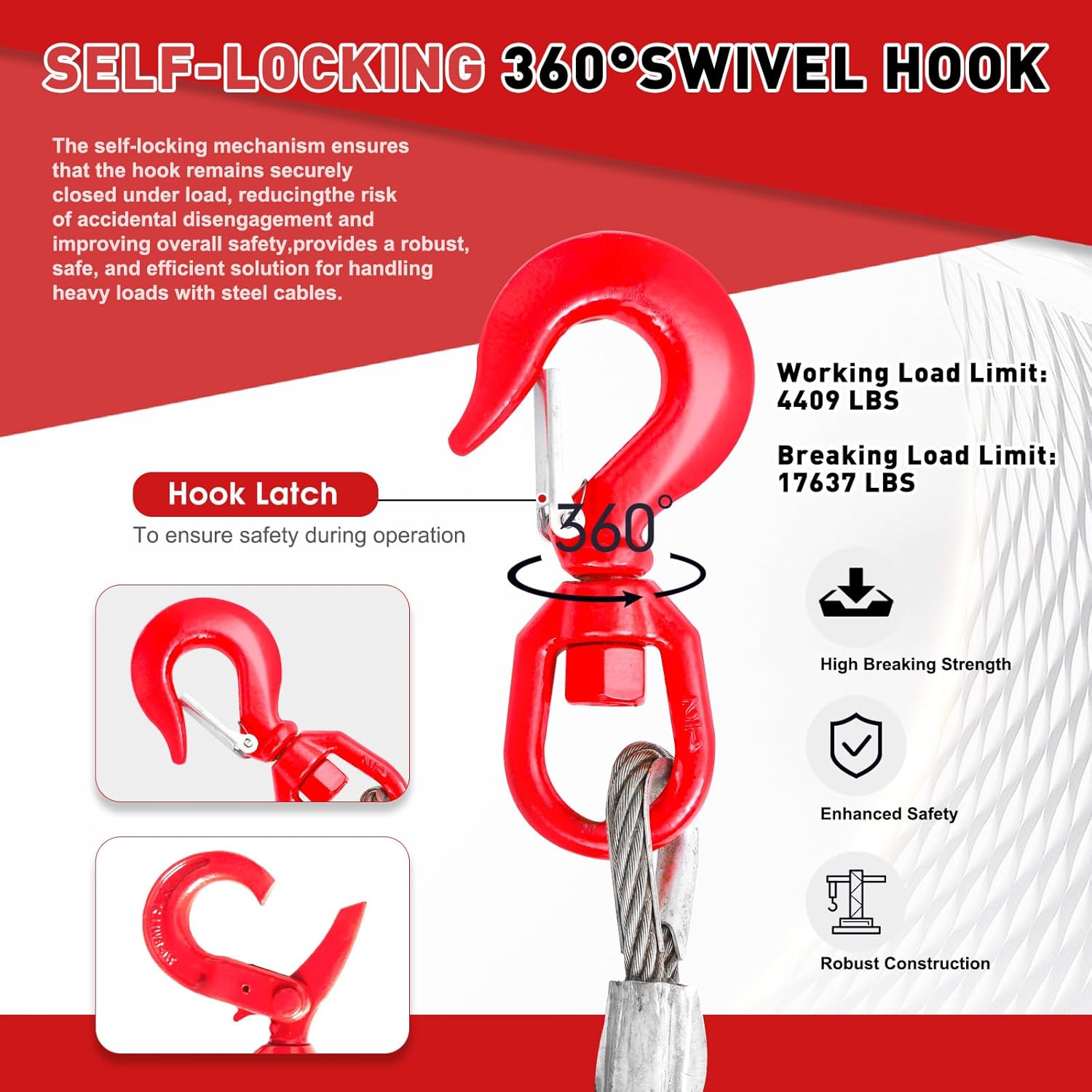 Steel Winch Cable,3/8" x 100' Wire Rope with Swivel Hook,17637 Lbs Breaking Strength,6x19 Strand Core Steel Towing Cable for Tow Truck,Crane,Wrecker - Image 4