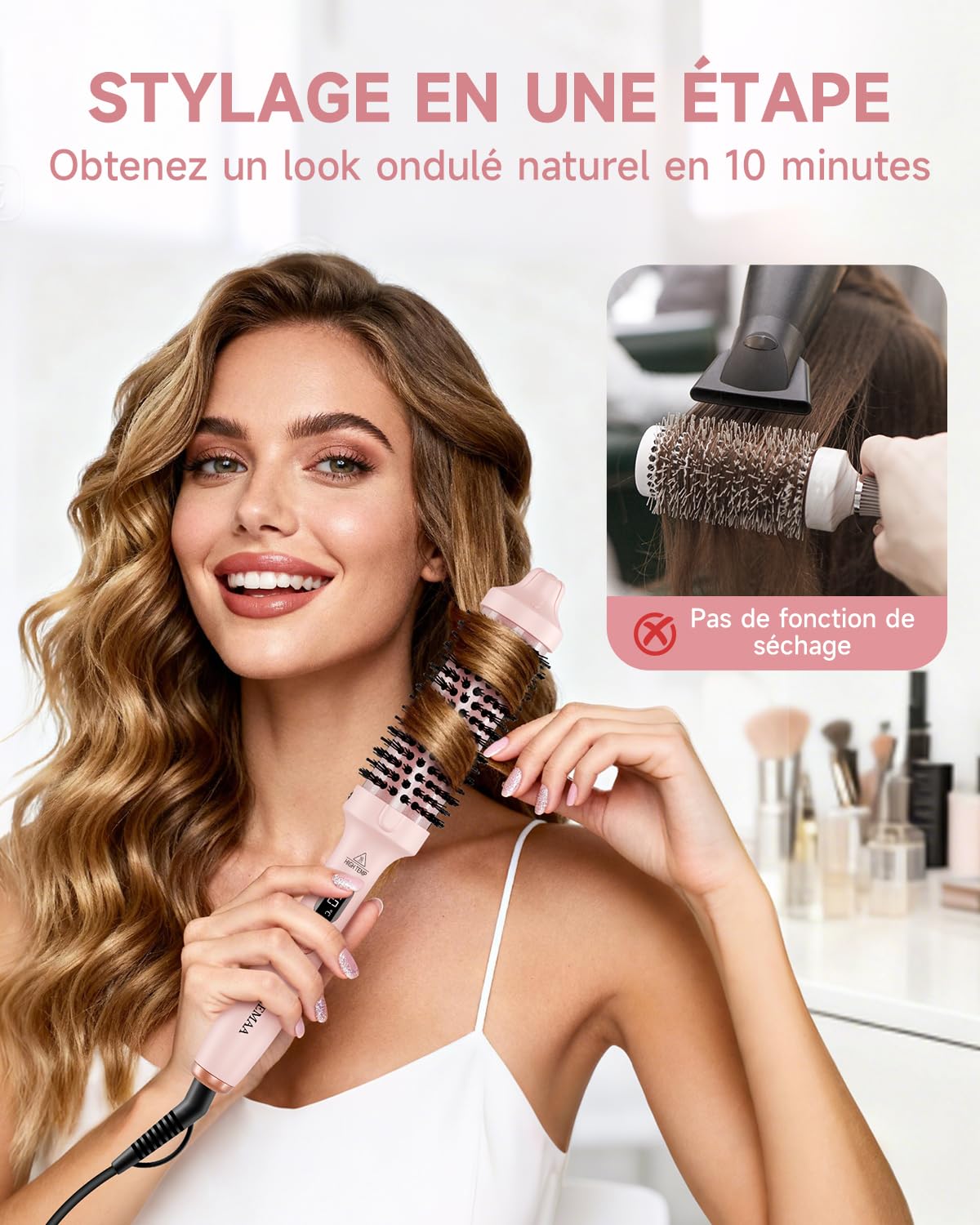 Brosse thermique FLYZEMAA, Thermal Brush 38mm pour des Boucles Naturelles, Brosse Chauffante pour 3 Niveaux de Température, Écran LCD, Double Tension, Prise UE, Rose