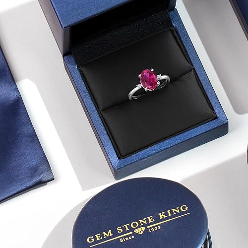 Miniatura 4 de Gem Stone King Anillo de plata de ley 925 con rubí creado en rojo y diamante blanco para mujer (ovalado de 3.38 quilates, disponible 5, 6, 7, 8, 9),