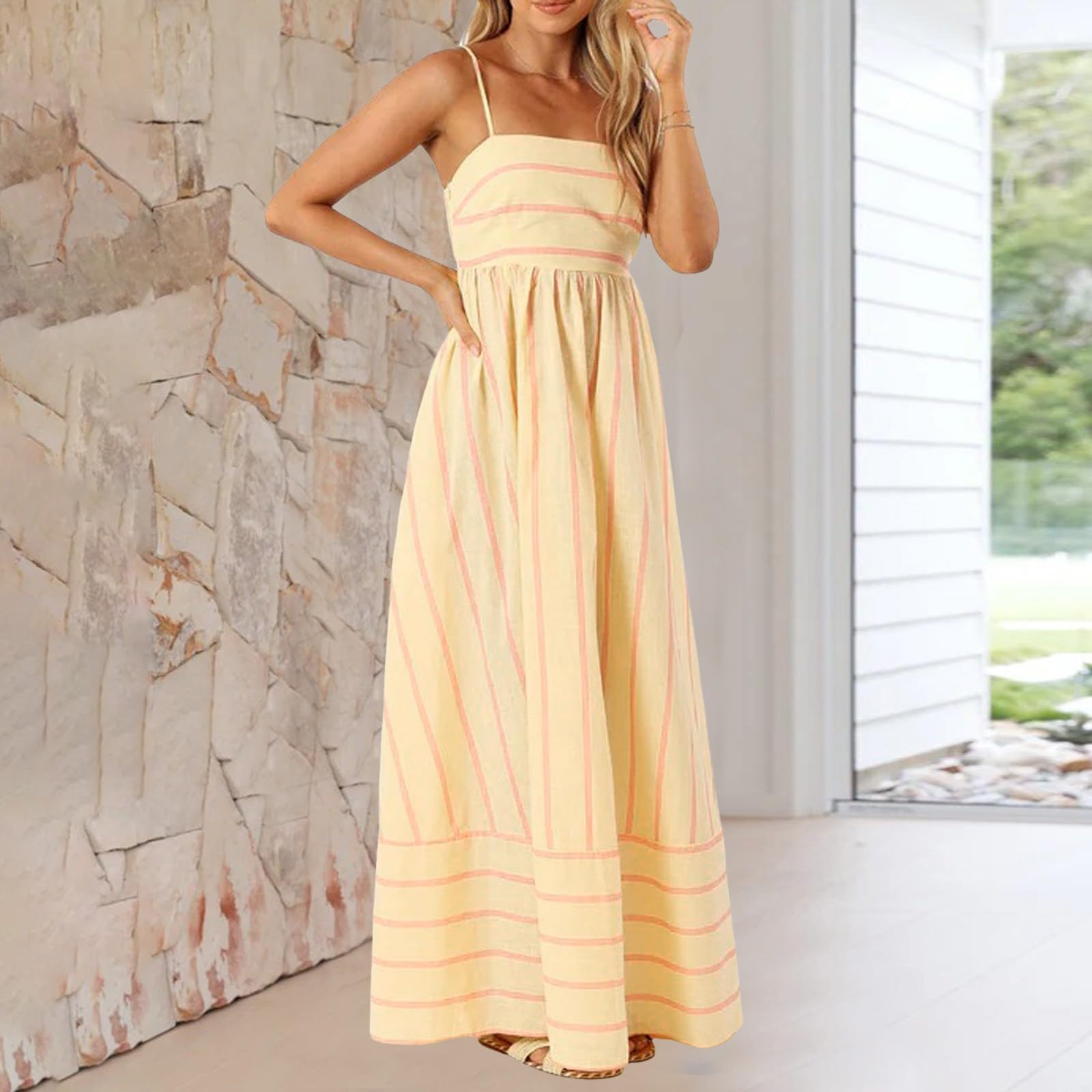 Vestido largo de verano para mujer, a rayas, sin mangas, con tirantes, tirantes delgados, estilo boho flowy