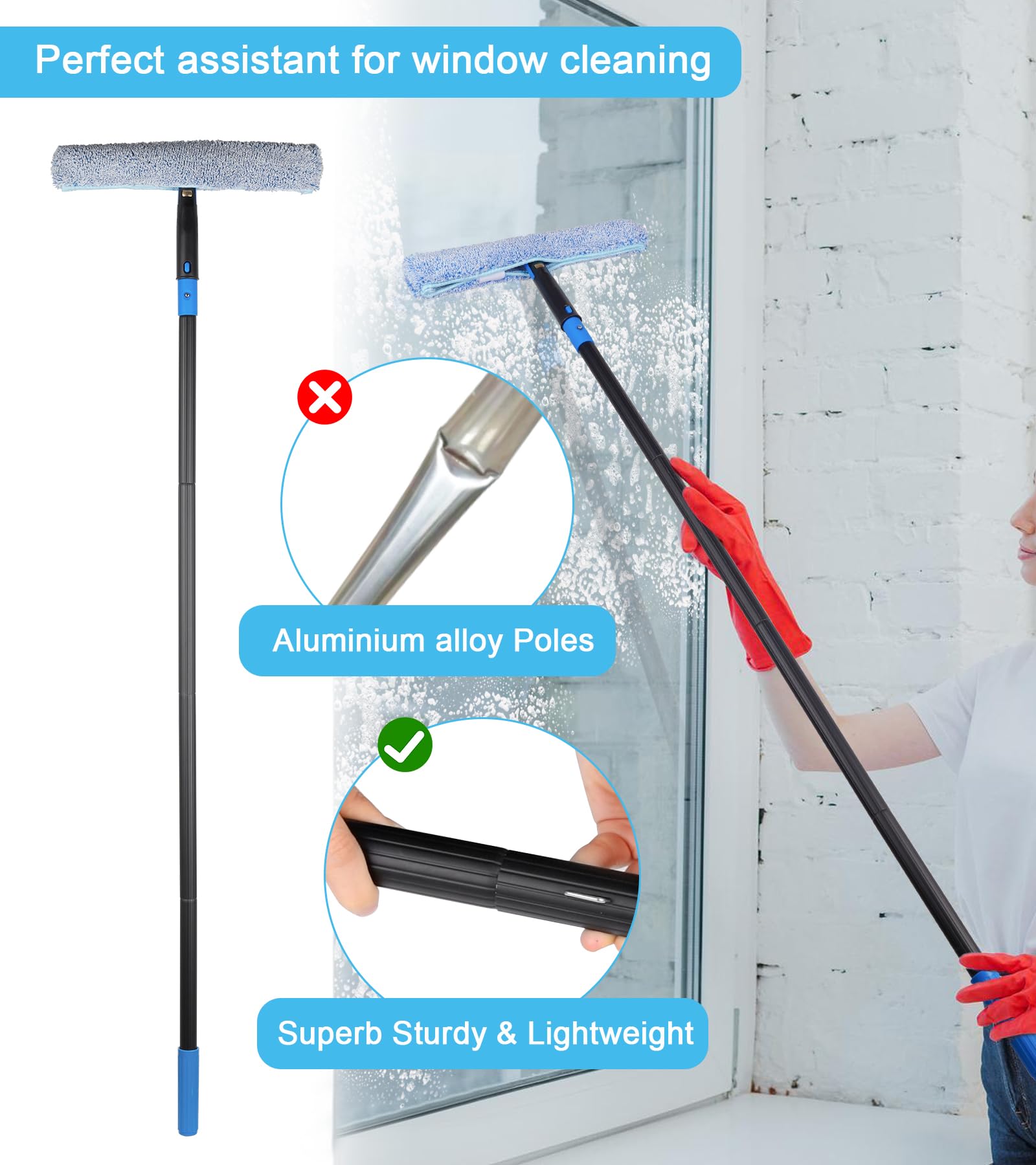 Kit de limpieza de ventanas con cubo de almacenamiento, escobilla de ventana con poste de extensión de 4.5 pies, estropajo, botella de spray de 20 onzas, paño de plumero