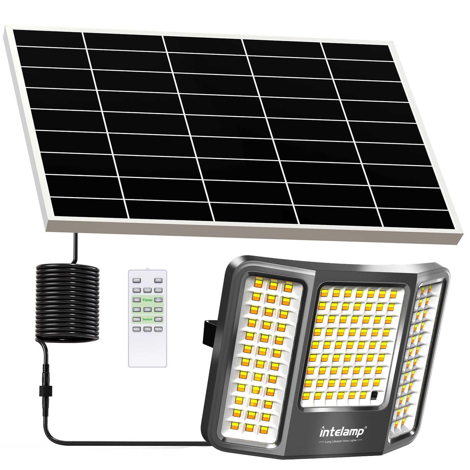 intelamp Faretti LED Solari ad Alta Potenza con Pannello Solare Separato | Batteria da 20.000 mAh, 2.000 lm, 3 Temperature di Colore, Telecomando, Protezione IP65, Ideale per Giardini, Garage