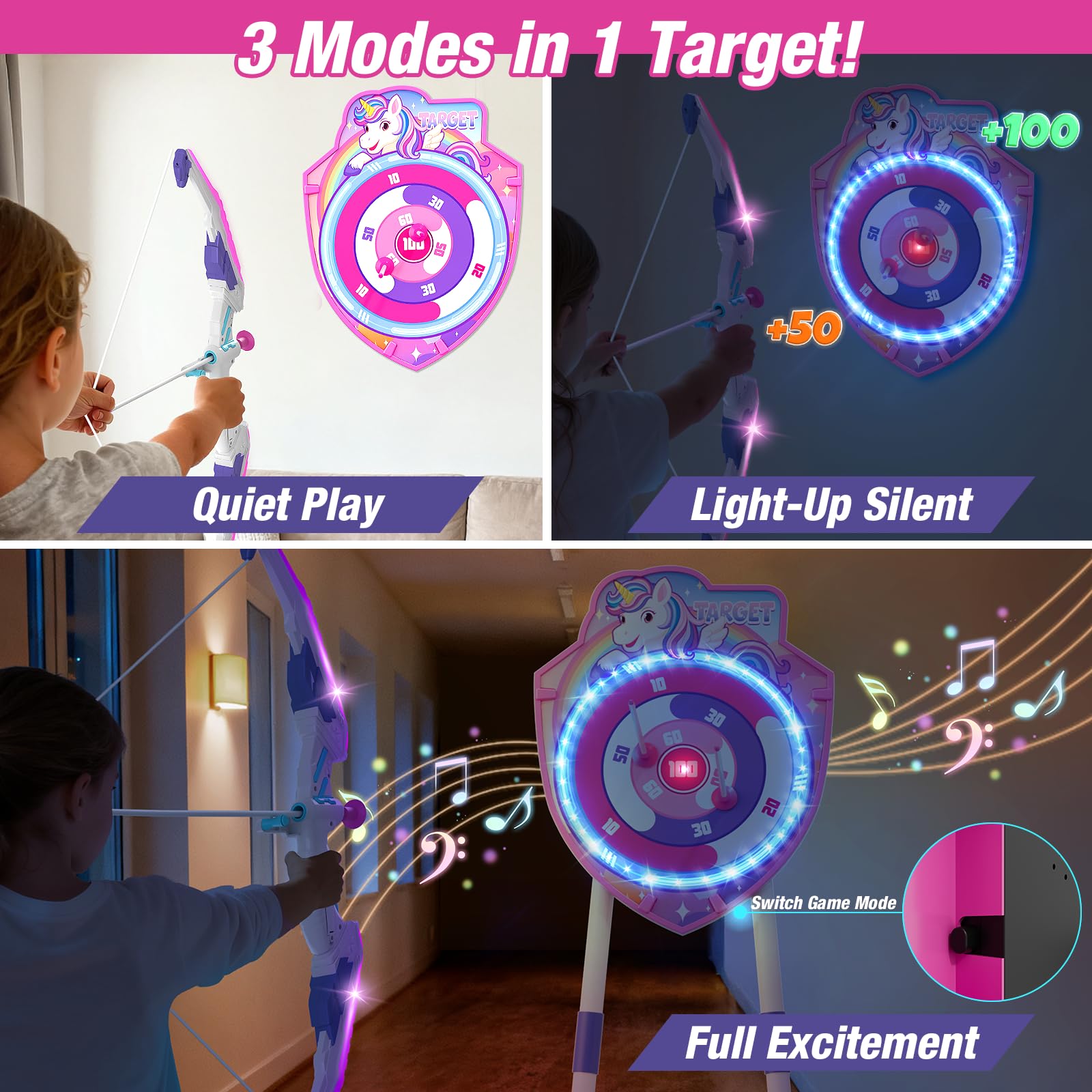 HYES 2 Pack Arrow and Bow for Kids, LED Light Unicorn Archery Set with Suction Cup Arrows, Standing Glow Target, Score Targets, Quivers, Indoor Outdoor Toys Gifts for Boys Girls