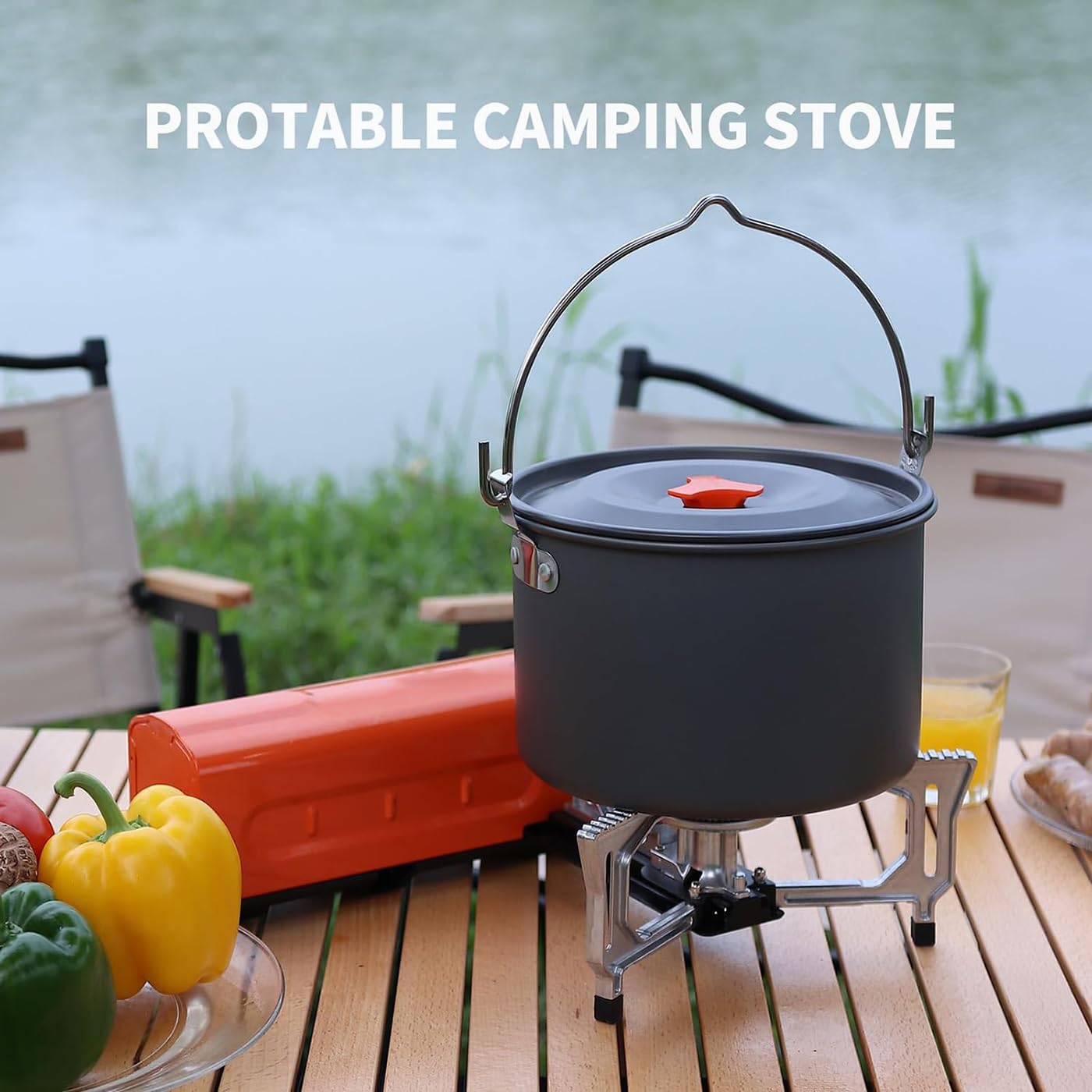 Réchaud à gaz de camping portable, 2200 W, réchaud au butane avec allumage piézoélectrique et sac de transport, pliable avec puissance de feu réglable pour la cuisine en plein air, la randonnée, le