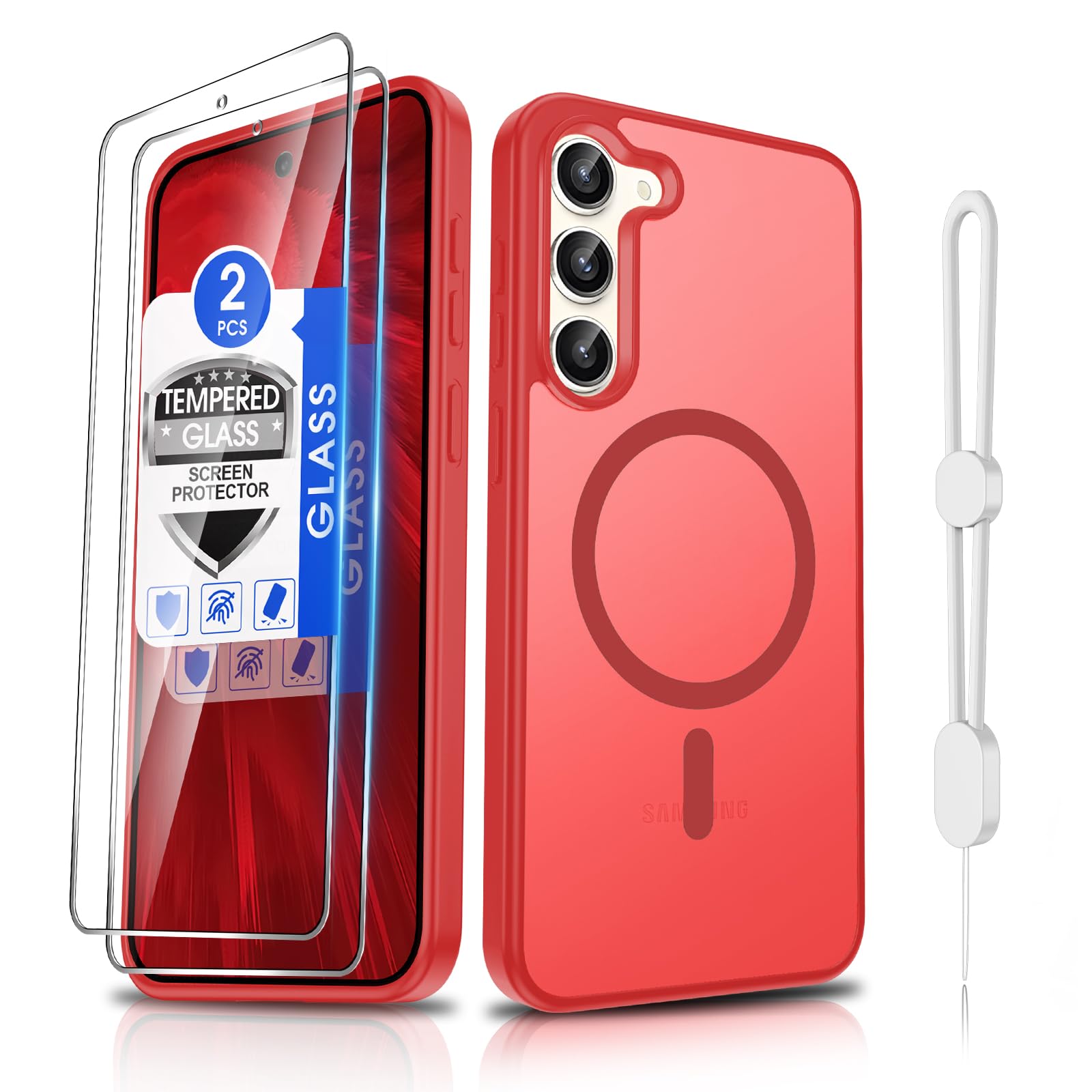 Dizn for Samsung Galaxy Phone Case with Tempered Glass Screen Protector, Wireless Charging Matte Translucent Soft-Touch &amp; Military-Grade Shockproof for Samsung Galaxy S23 Plus(6.6"),Red