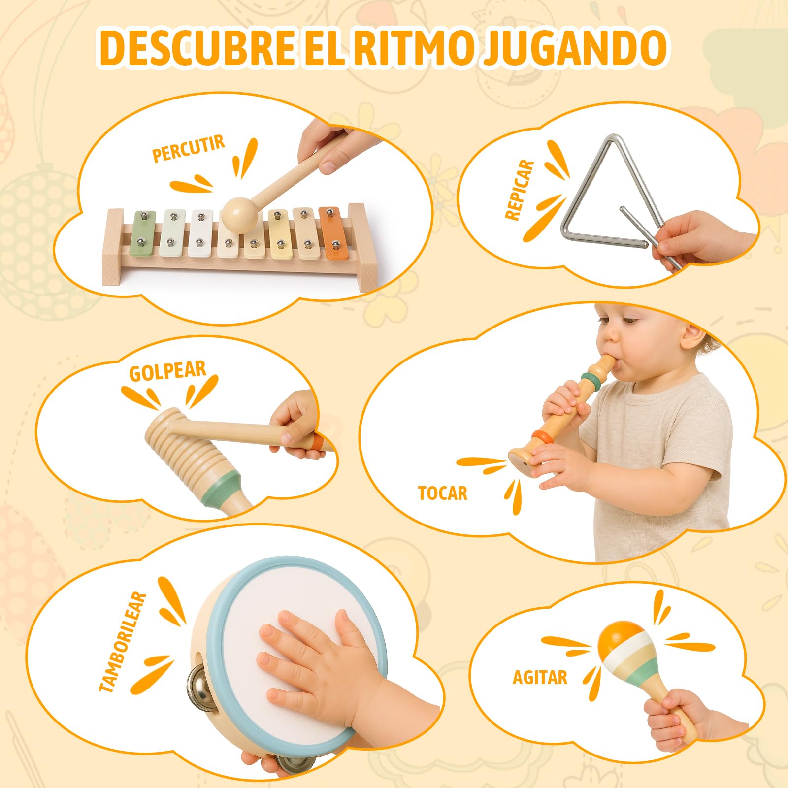 Instrumentos Musicales Infantiles, 6 in 1 Juguetes Instrumentos Musicales Bebe, Tambor Infantil Xilofono Bebe Maracas, Juguetes Montessori Niños, Navidad Cumpleaños Regalos Originales Bebes 1 2 3 Año