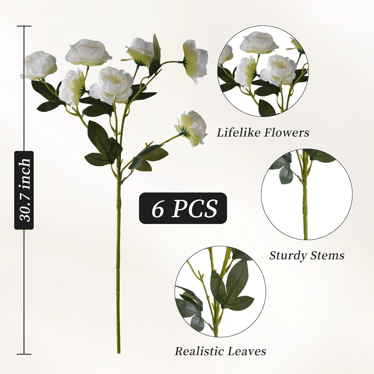 6 Pcs Artificial Peonies Flowers for Vase Decoration,30" Faux Long Stem Flowers with 42 Silk Heads for Wedding Party Home Office Table Centerpieces Decor (White)