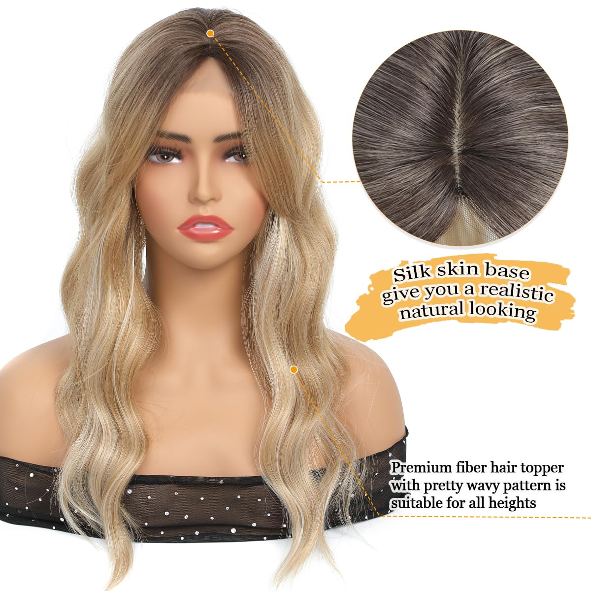 Topper per capelli 50,8 cm biondo con radice scura ondulato 17,8 x 17,8 cm base per diradare fatti a mano