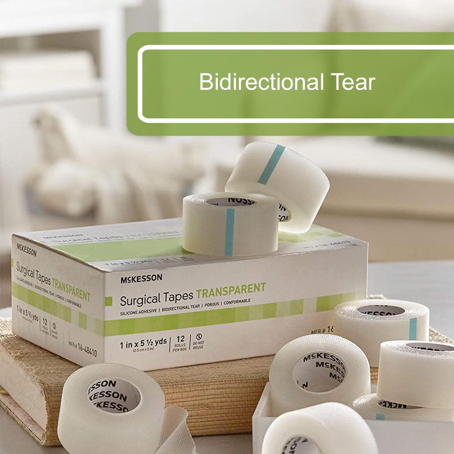 McKesson Surgical Tape, Non-Sterile, Transparent Plastic/Silicone, 1 in x 5 1/2 yd, 12 Rolls, 1 Pack